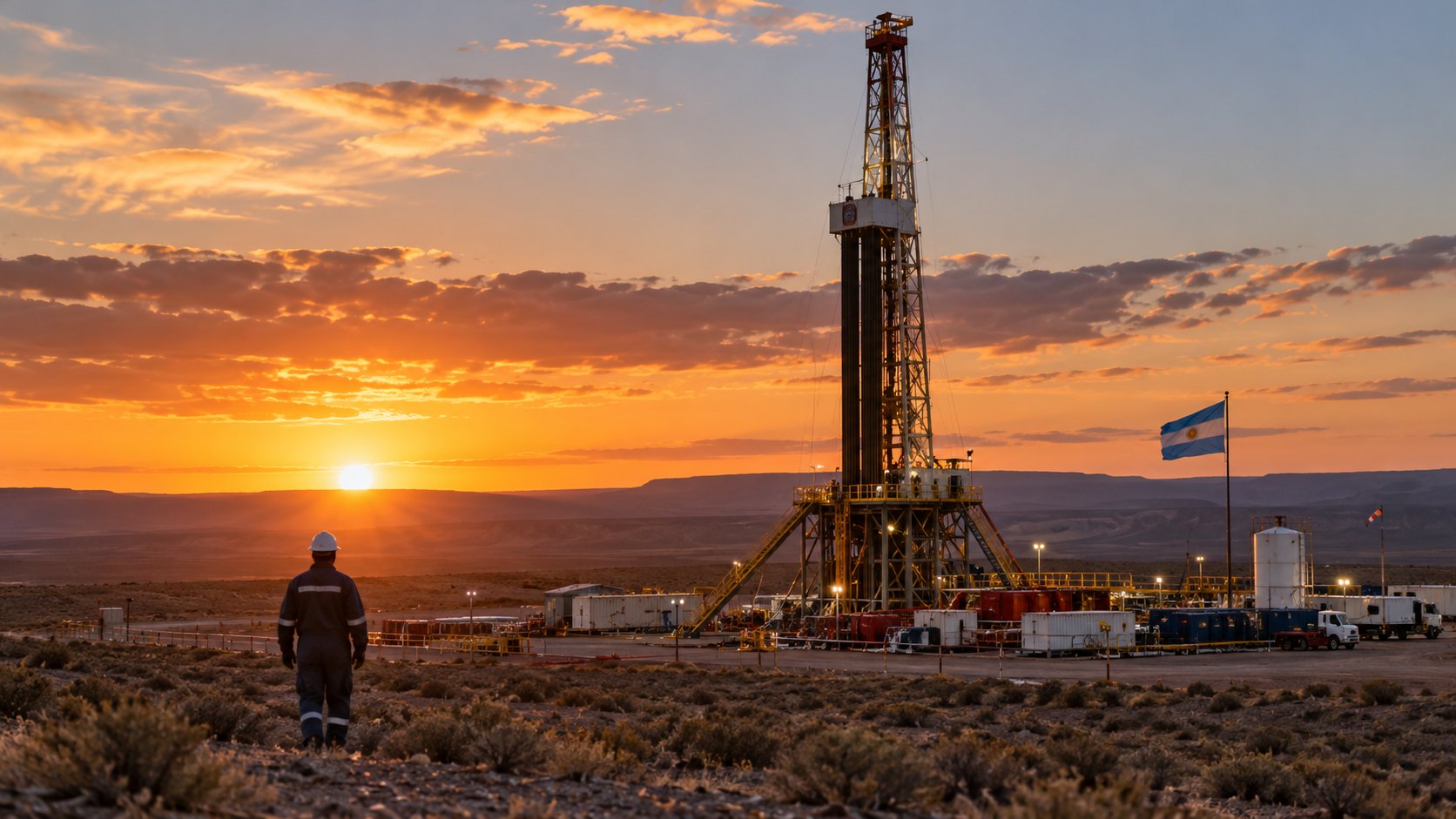 Ilustración editorial generada con IA: un equipo de perforación petrolera en la estepa de Vaca Muerta, en Neuquén, al atardecer, con un operario con casco de espaldas y una bandera argentina en el predio; composición conceptual sobre las inversiones del RIGI, no es una fotografía de un proyecto determinado.