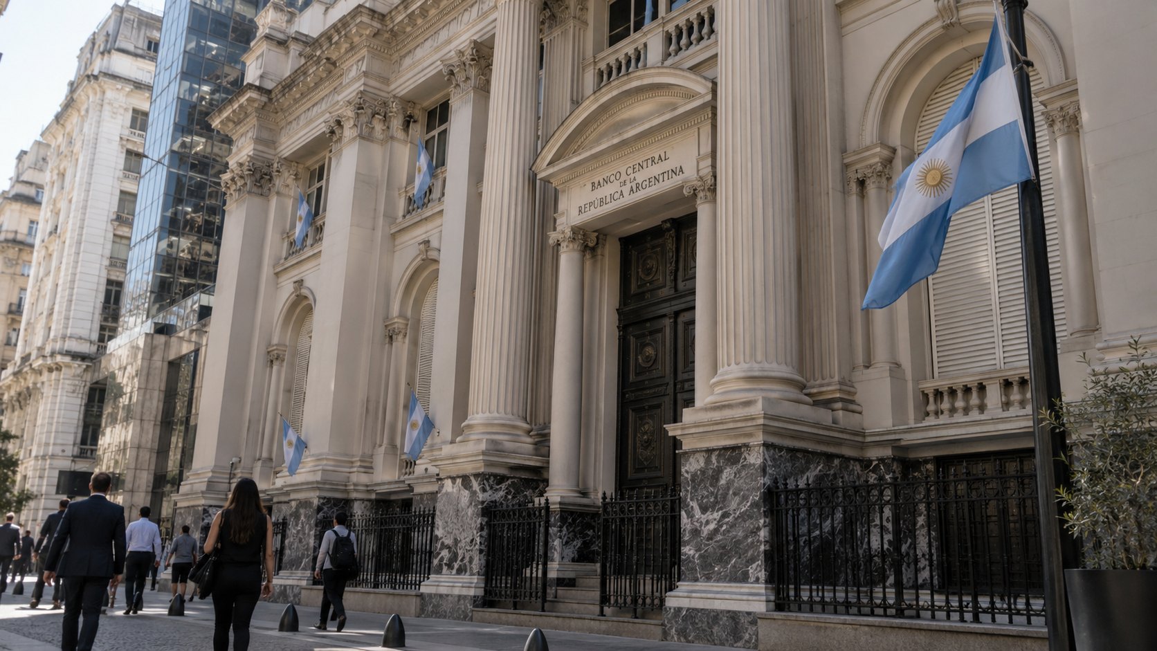 Ilustración editorial generada con IA: la fachada del edificio histórico del Banco Central de la República Argentina, en el microcentro de Buenos Aires, de día, con columnas, una bandera argentina y peatones caminando por la vereda; composición conceptual, no es una fotografía de una jornada determinada.
