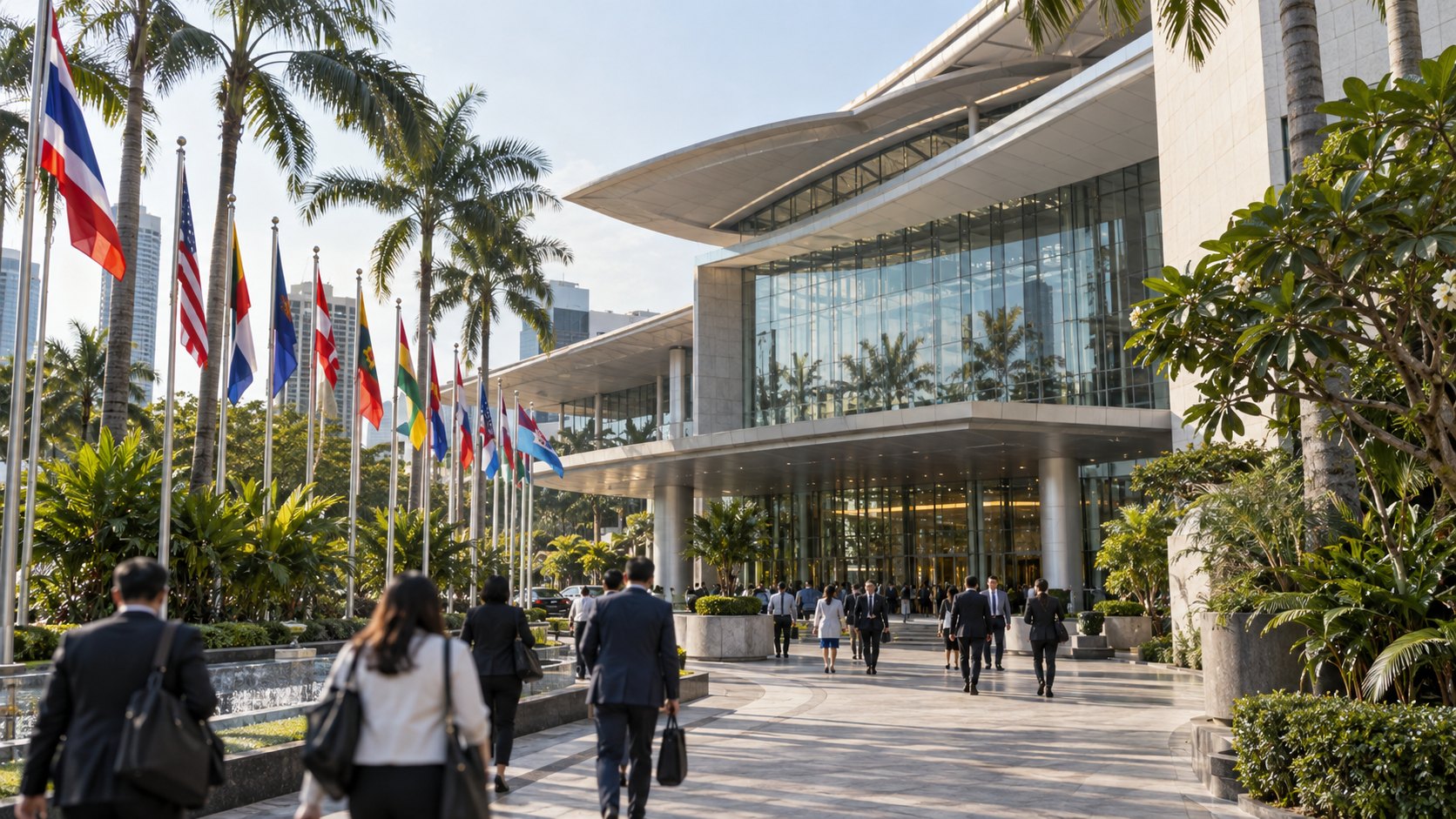 Ilustración editorial generada con IA: delegados con credenciales caminan hacia un centro de convenciones con banderas de países miembros y palmeras en Bangkok; composición conceptual, no es una fotografía de la sede de las Reuniones Anuales.
