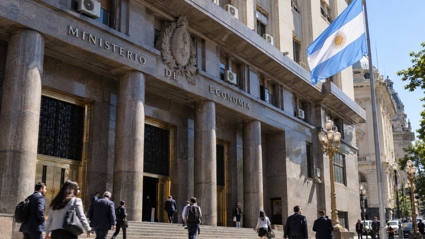 Ilustración editorial generada con IA: el frente de piedra del Ministerio de Economía en Buenos Aires con la bandera argentina en el mástil y empleados subiendo las escalinatas; composición conceptual, no es una fotografía del edificio real.