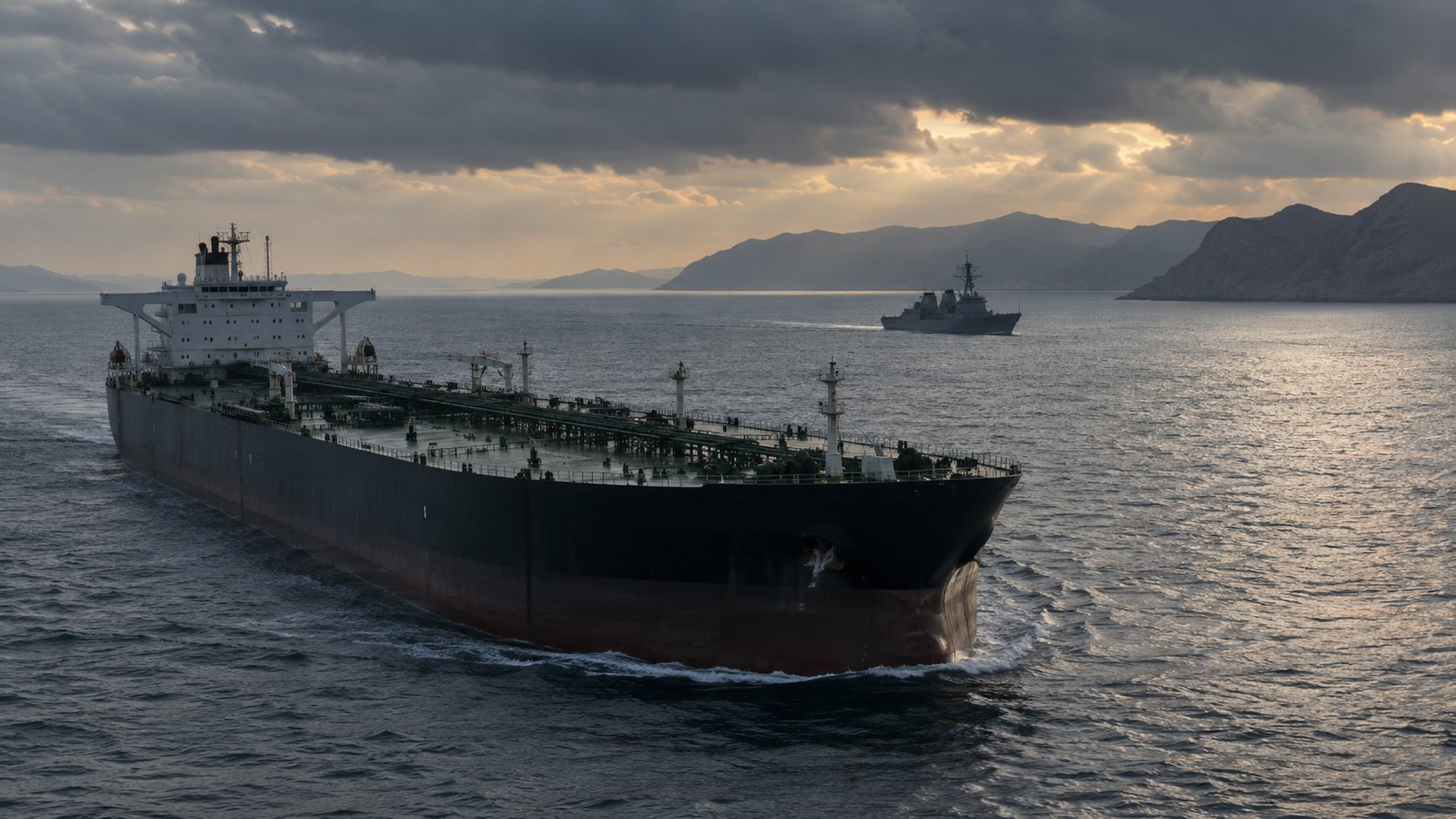 Ilustración editorial generada con IA: un petrolero navega en aguas del Golfo bajo un cielo nublado, con un buque de guerra estadounidense a distancia y la costa montañosa al fondo; composición conceptual, no es una fotografía del estrecho de Ormuz.
