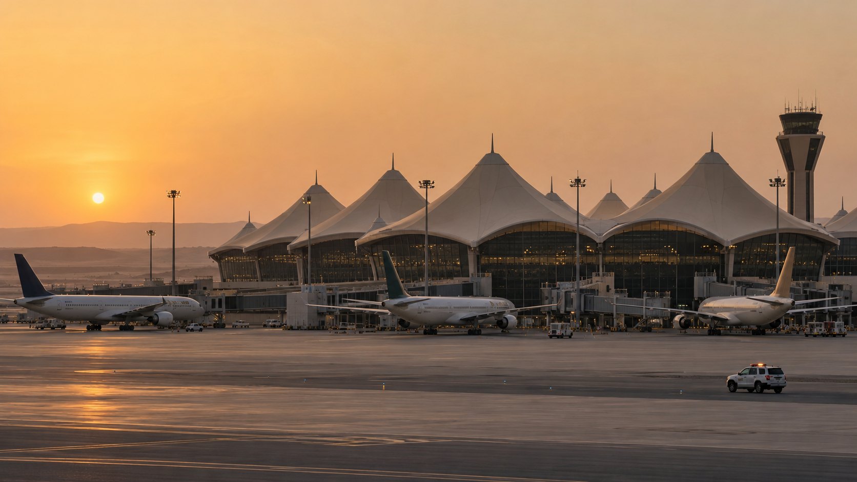 Ilustración editorial generada con IA: una terminal aeroportuaria saudí con techos de carpa blancos al atardecer, con aviones de pasajeros estacionados sin movimiento en la plataforma vacía y un vehículo de seguridad detenido; composición representativa, no reproduce el aeropuerto internacional Rey Jalid de Riad ni es una fotografía de su cierre.