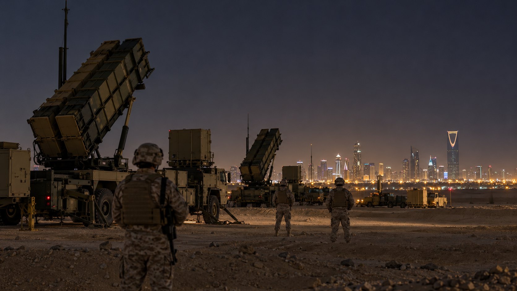 Ilustración editorial generada con IA: de noche, en el desierto en las afueras de Riad, soldados de espaldas vigilan junto a lanzadores de una batería de defensa antiaérea Patriot apuntados al cielo, con las luces del skyline de la ciudad y la torre Kingdom Centre en el horizonte; composición representativa, no es una fotografía de un despliegue real.