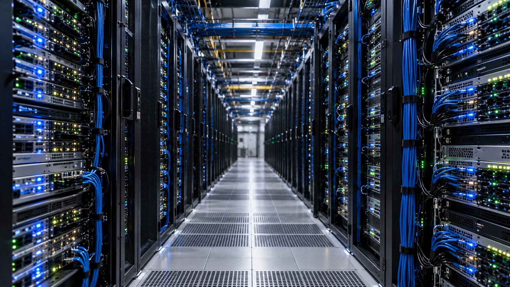 Ilustración editorial generada con IA: pasillo de un centro de datos con filas de racks de servidores en funcionamiento; composición conceptual, no es una fotografía de una instalación real.