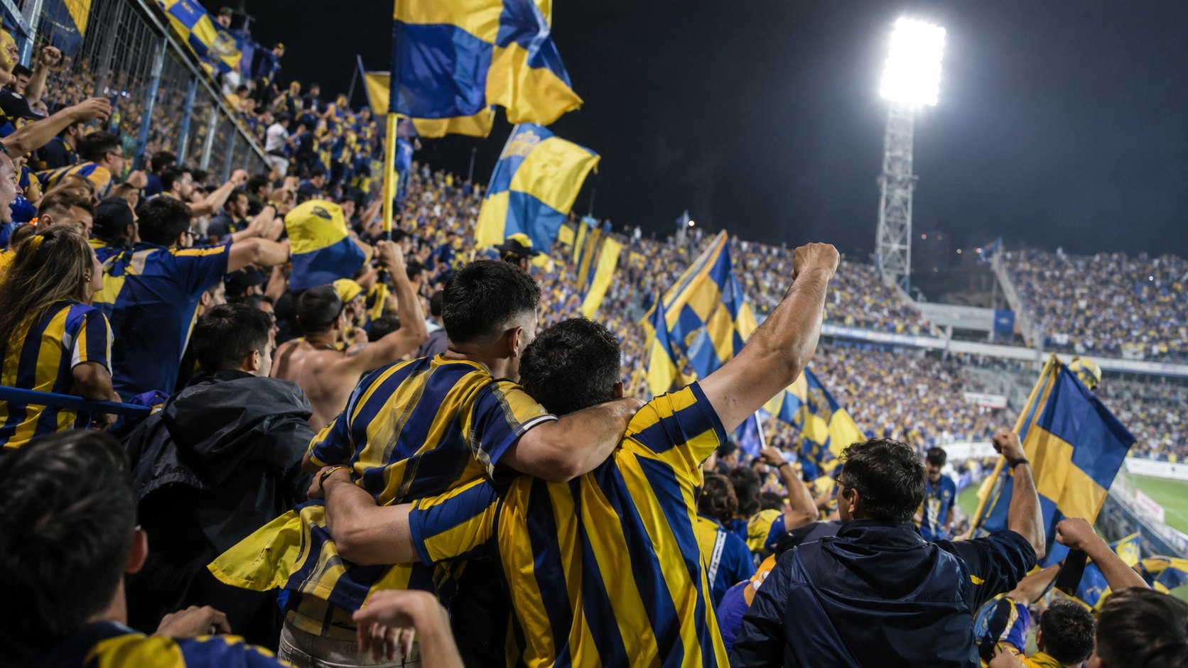 Ilustración editorial generada con IA: de noche, hinchas con camisetas a bastones azules y amarillos y banderas de esos colores festejan abrazados con los puños en alto en la tribuna de un estadio; no es una fotografía documental ni representa a personas reales.