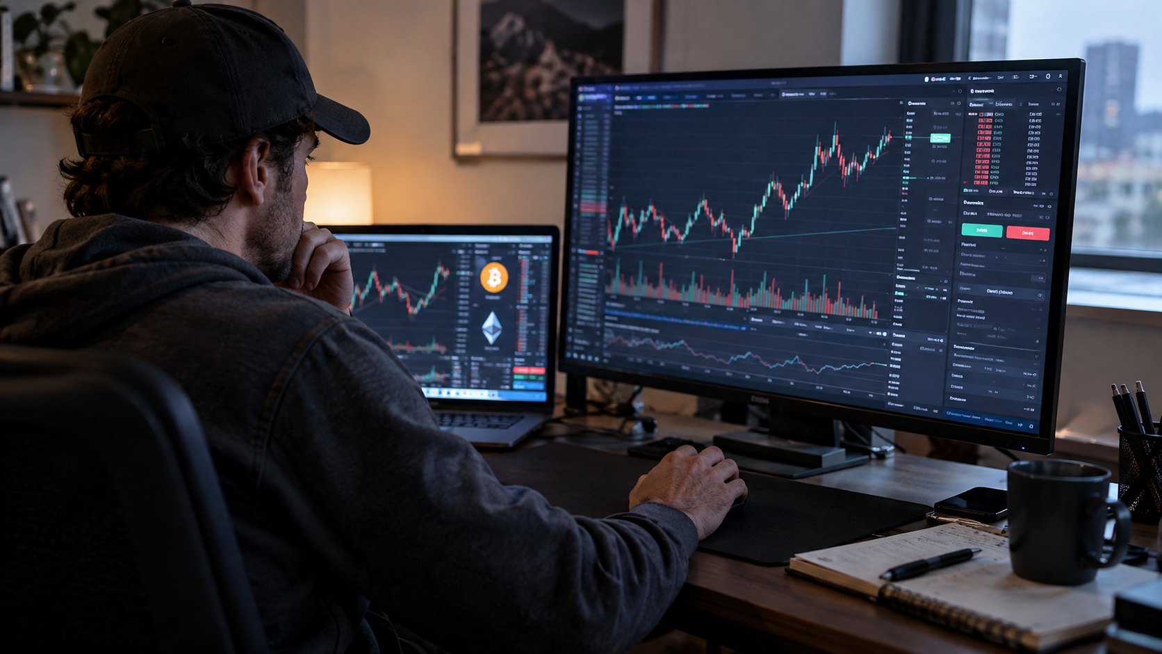 Ilustración editorial generada con IA: un inversor con gorra opera frente a un monitor con gráficos de velas y una notebook con los símbolos de bitcoin y ether, en un escritorio hogareño; composición conceptual, no es una fotografía real.
