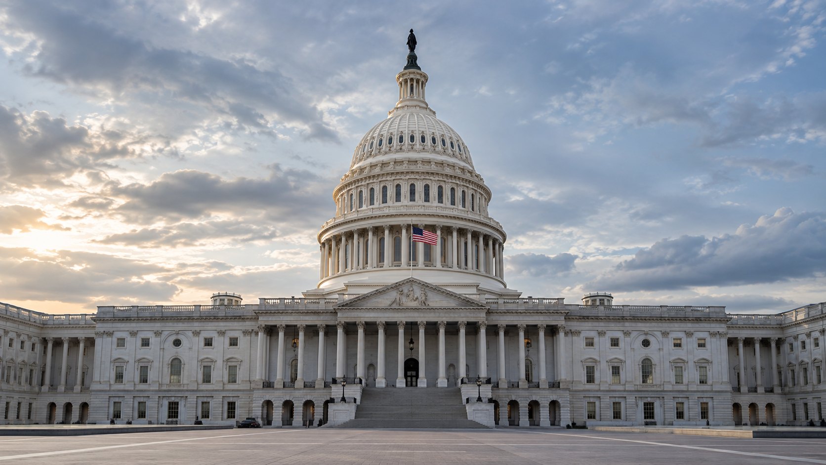 Ilustración editorial generada con IA: el Capitolio de Estados Unidos en Washington al atardecer, sede del Congreso que debate la estructura del mercado cripto; composición conceptual, no es una fotografía de una sesión.