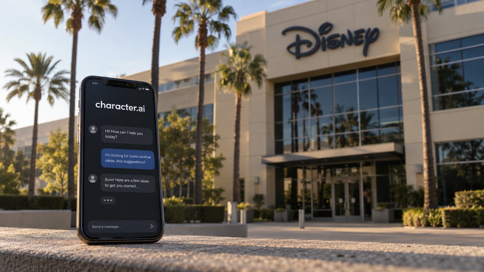 Ilustración editorial generada con IA: la fachada de un edificio corporativo de Disney en Burbank, California, con el logotipo de la marca y palmeras, y en primer plano un teléfono apoyado en un muro con la app de Character.AI en pantalla; composición conceptual, no es una fotografía de la sede ni de la operación.