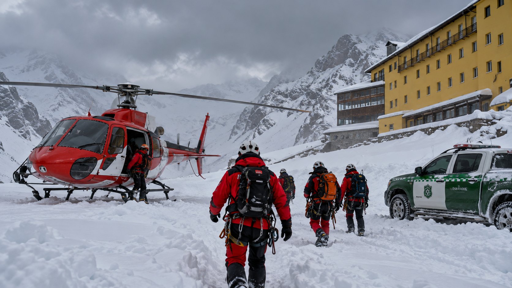 Ilustración editorial generada con IA: un helicóptero de rescate y un vehículo de Carabineros de Chile en la nieve junto al Hotel Portillo, con rescatistas de espaldas con equipo de montaña bajo un cielo gris; composición conceptual, no es una fotografía del operativo.