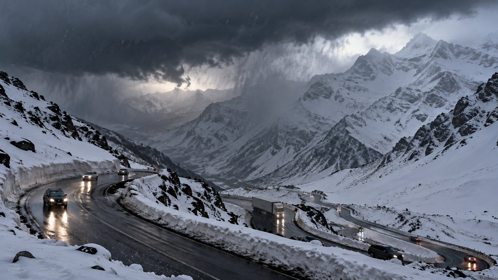 Ilustración editorial generada con IA: nubes de tormenta sobre la cordillera de los Andes nevada y una ruta de montaña con autos que circulan entre muros de nieve, ante la llegada de un nuevo sistema frontal; composición conceptual, no es una fotografía documental.