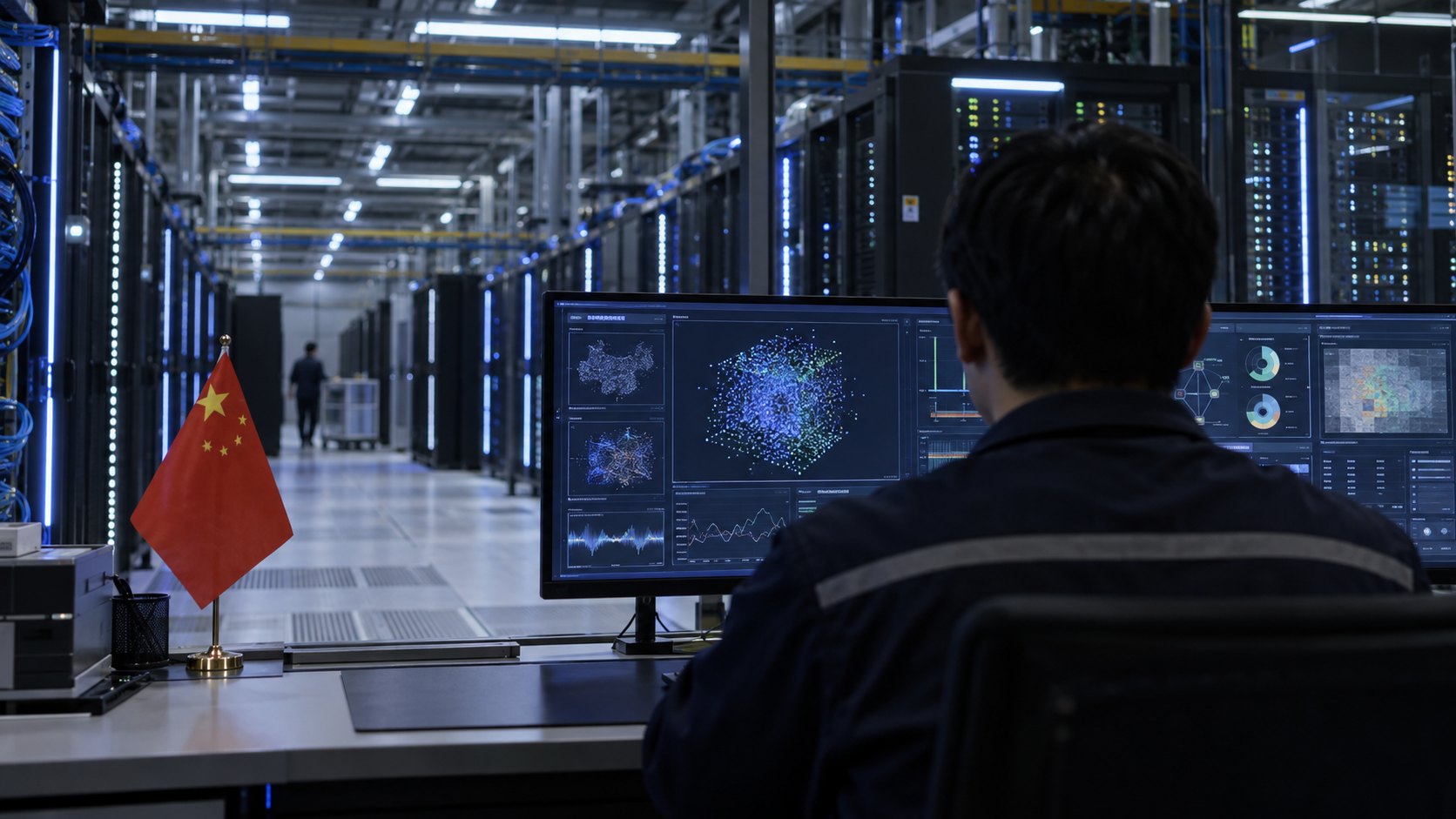 Ilustración editorial generada con IA: un técnico de espaldas supervisa en varias pantallas un panel de monitoreo de un modelo de inteligencia artificial en la sala de servidores de un centro de datos chino, con hileras de racks iluminados y una pequeña bandera de China sobre el escritorio; composición conceptual, no es una fotografía de una instalación real.