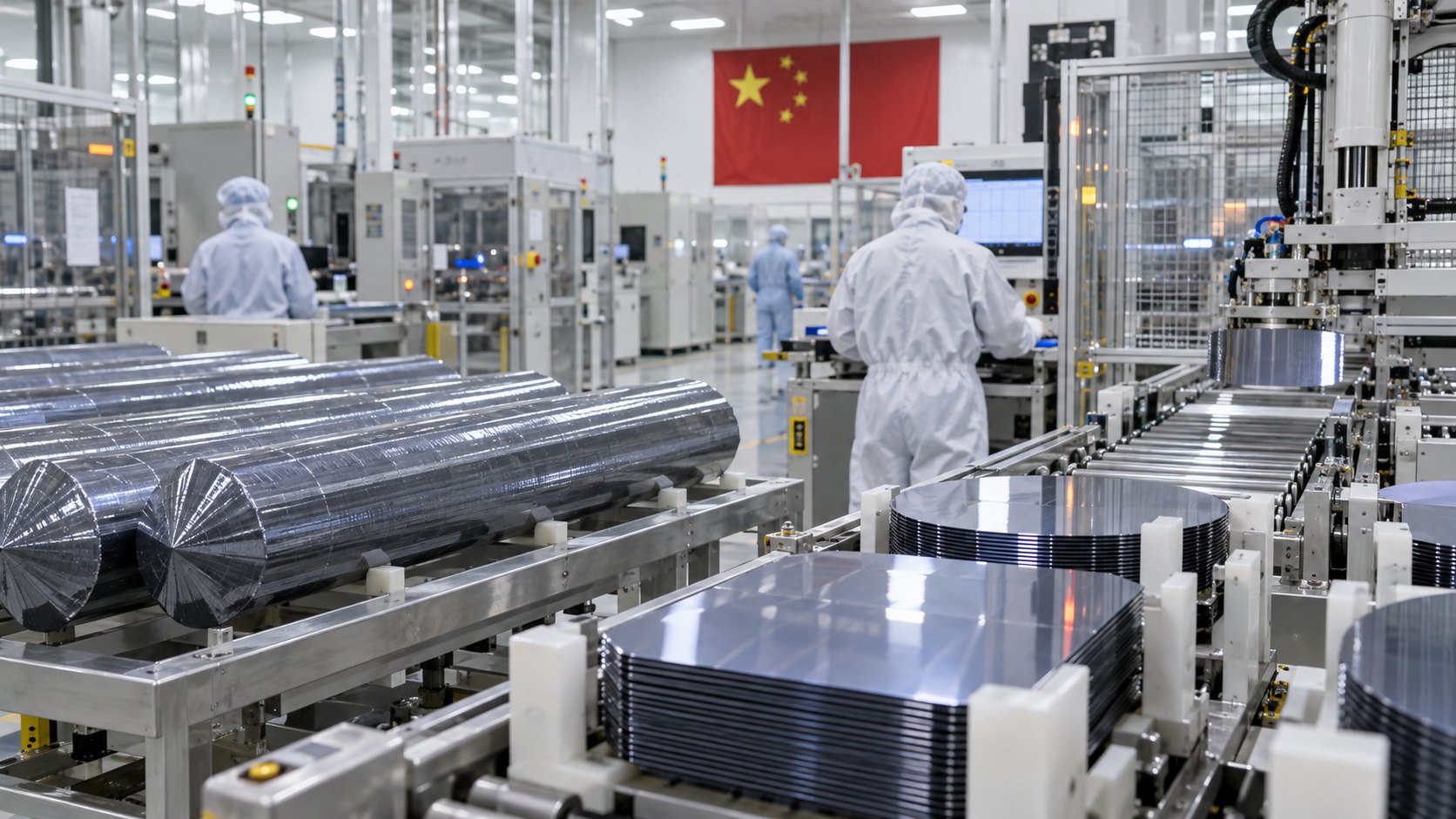 Ilustración editorial generada con IA: lingotes de silicio cristalino y pilas de obleas solares sobre una línea de producción en una planta china de sala limpia, con operarios de traje blanco al fondo y una bandera de China en la pared; composición conceptual, no es una fotografía de una fábrica real.