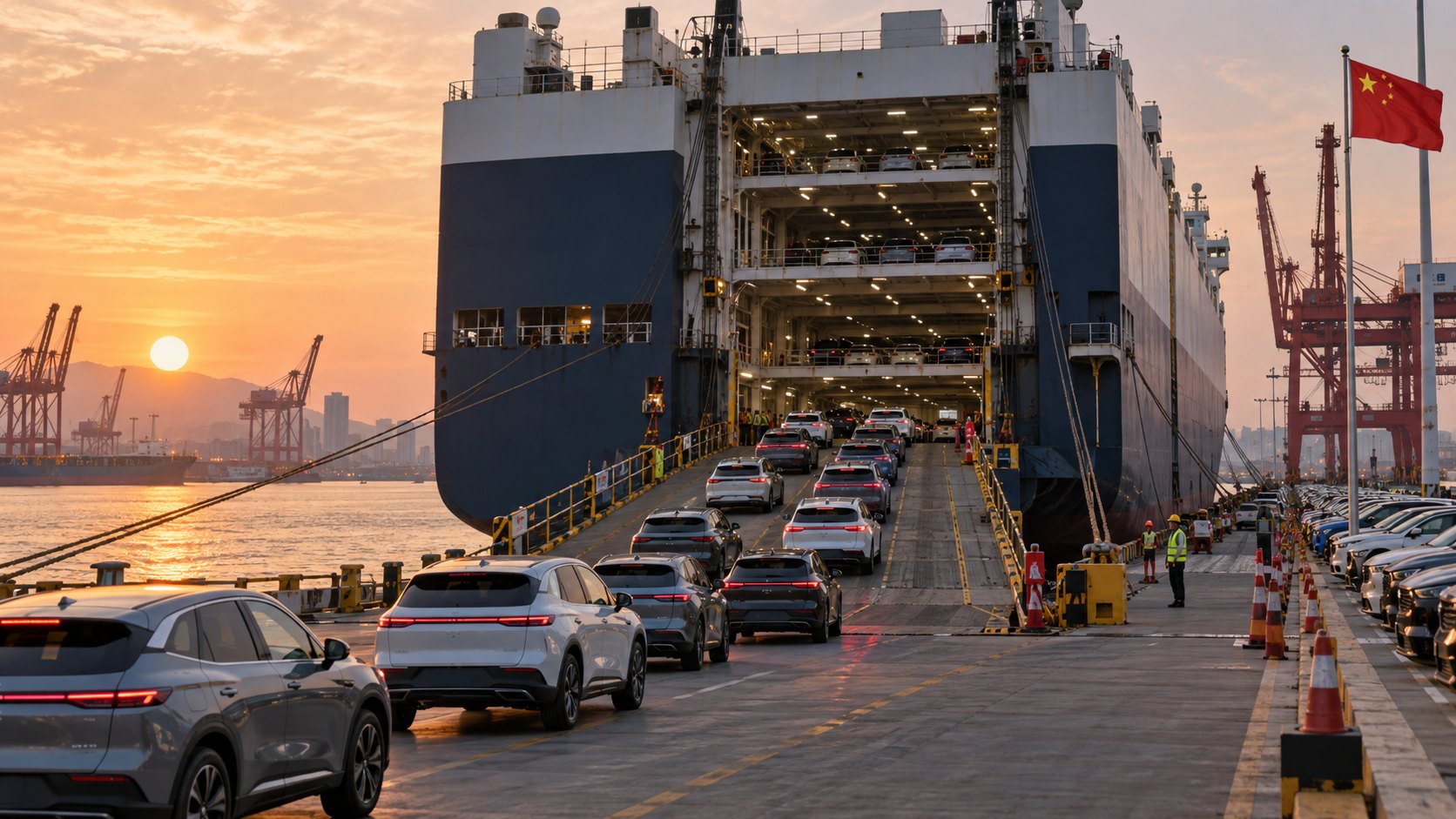 Ilustración editorial generada con IA: al atardecer, filas de autos eléctricos nuevos suben por la rampa de un buque portaautos atracado en un puerto chino, con una bandera de China en el muelle; composición conceptual, no muestra vehículos ni un puerto reales.