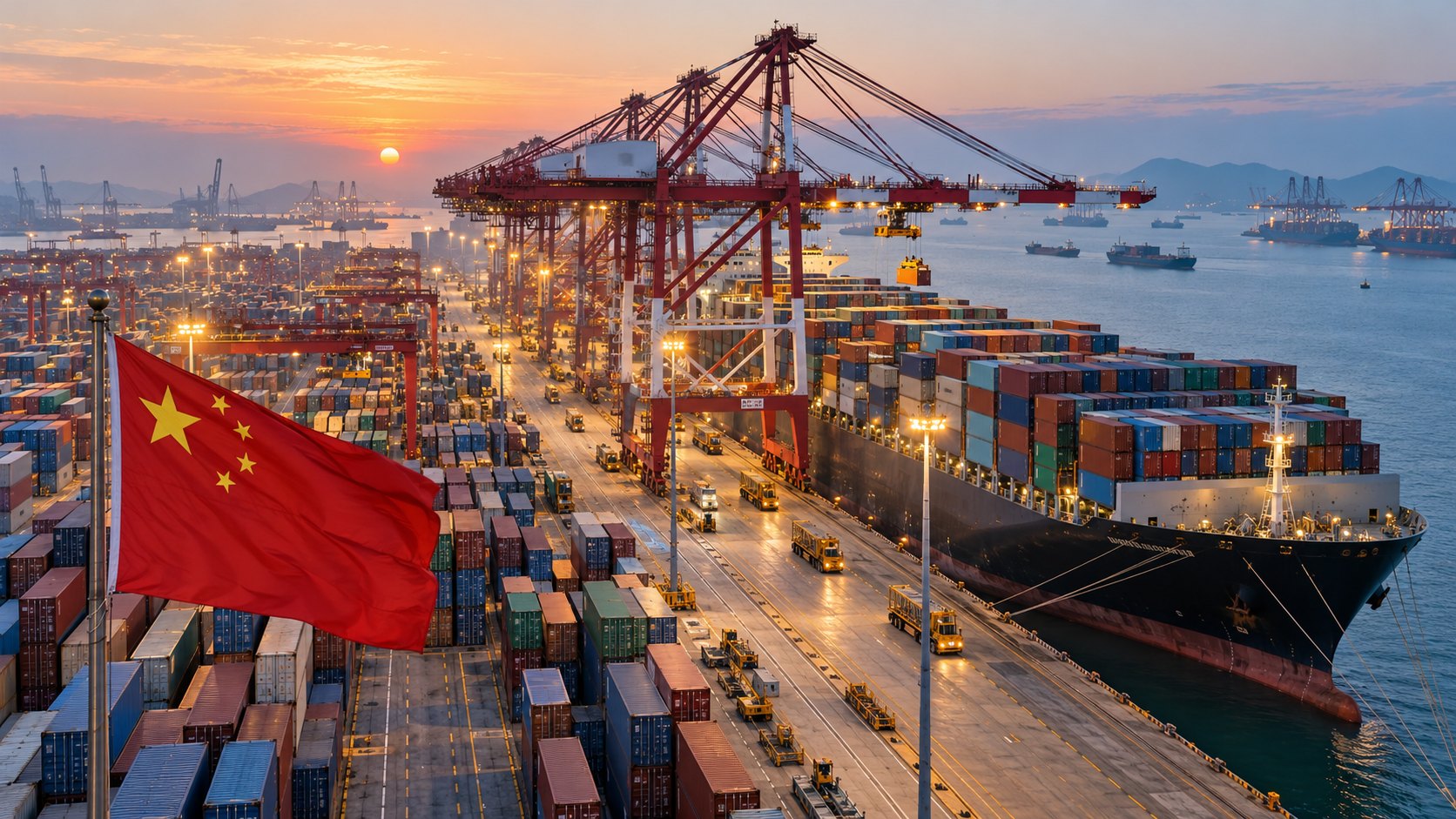 Ilustración editorial generada con IA: un gran puerto de contenedores chino al amanecer, con grúas pórtico que cargan un buque portacontenedores y una bandera de China en el muelle; composición conceptual, no es una fotografía de un puerto ni de un embarque real.