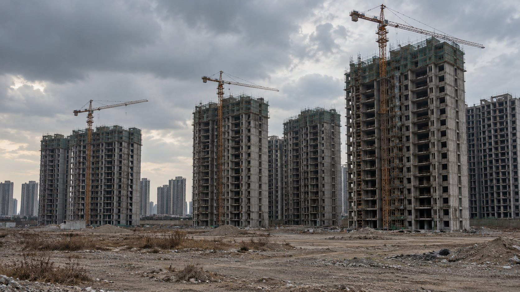 Ilustración editorial generada con IA: torres residenciales sin terminar, con grúas detenidas, en las afueras de una ciudad china; composición conceptual, no es una fotografía de un proyecto inmobiliario real.