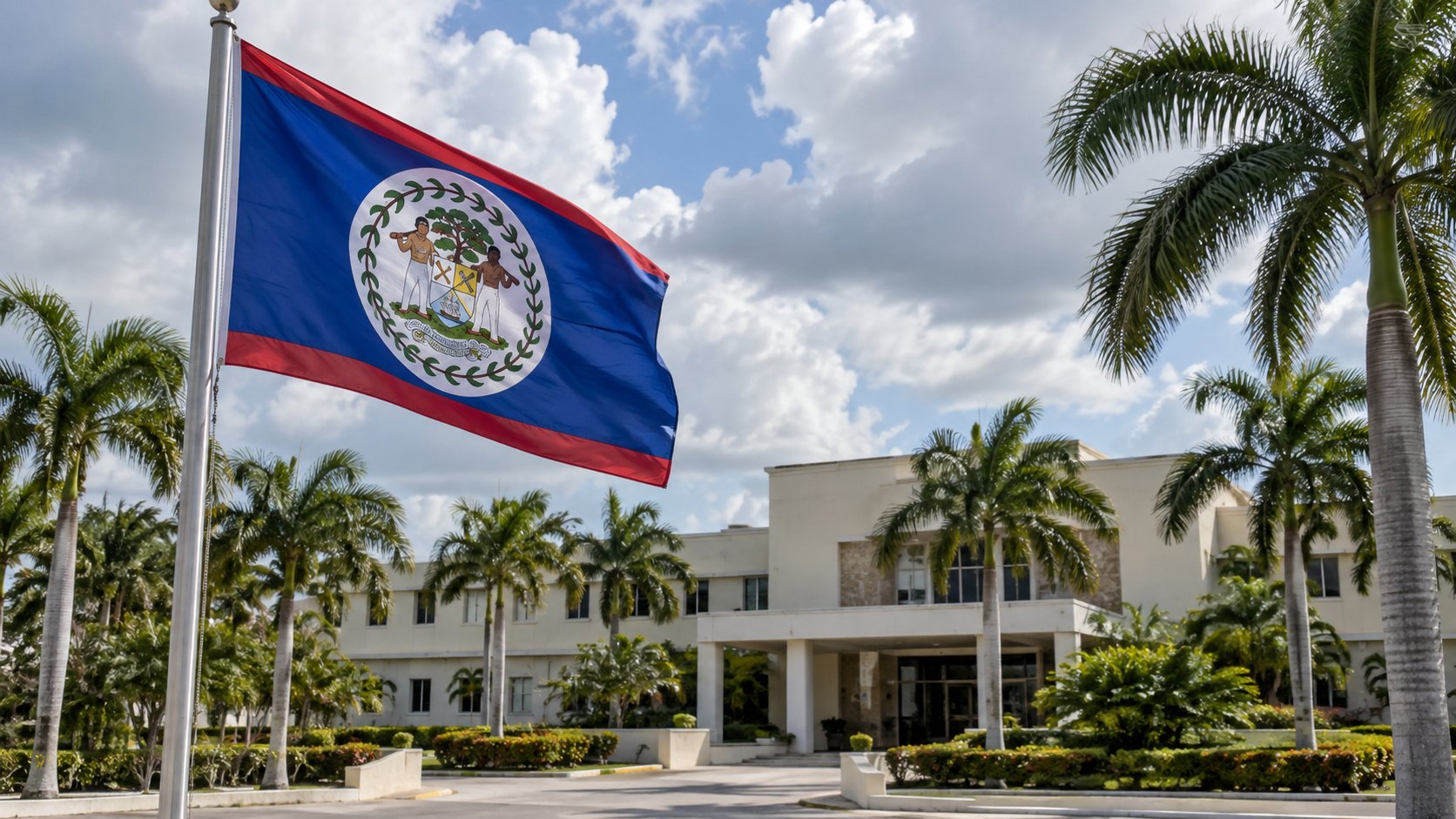 Ilustración editorial generada con IA: la bandera de Belice flamea frente a un edificio de gobierno bajo un cielo tropical; composición conceptual, no es una fotografía del día.