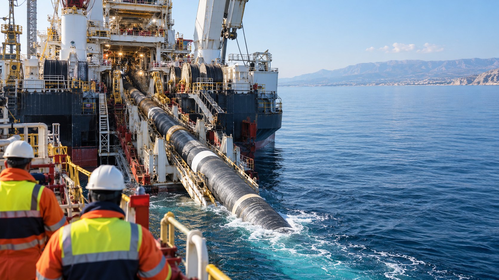 Ilustración editorial generada con IA: un buque tendido de tuberías en el Mediterráneo baja un gasoducto submarino de acero por la rampa de popa mientras operarios con casco y chaleco lo observan desde la cubierta; composición conceptual, no es una fotografía de las obras de Cronos.