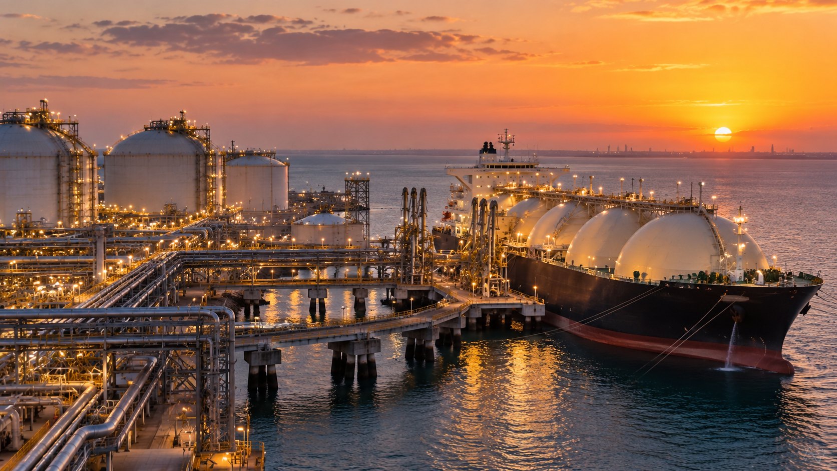 Ilustración editorial generada con IA: una planta de gas natural licuado sobre la costa mediterránea de Egipto, con tanques de almacenamiento y un buque metanero amarrado en el muelle al atardecer; composición conceptual, no es una fotografía de la planta de Damietta.