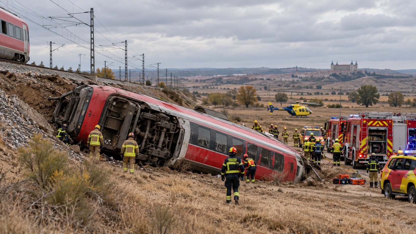 Ilustración editorial generada con IA: bomberos y rescatistas con casco trabajan junto a un coche rojo de un tren Iryo volcado al pie de un terraplén, con camiones de bomberos y un helicóptero sanitario en el campo; composición conceptual, no es una fotografía del accidente.