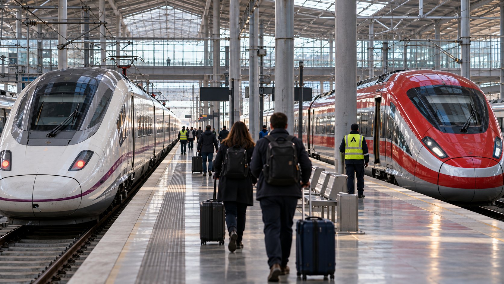 Ilustración editorial generada con IA: un andén de alta velocidad de la estación de Atocha, en Madrid, con un AVE de Renfe y un tren Iryo detenidos y algunos viajeros con valijas esperando; composición conceptual, no es una fotografía del día del accidente.