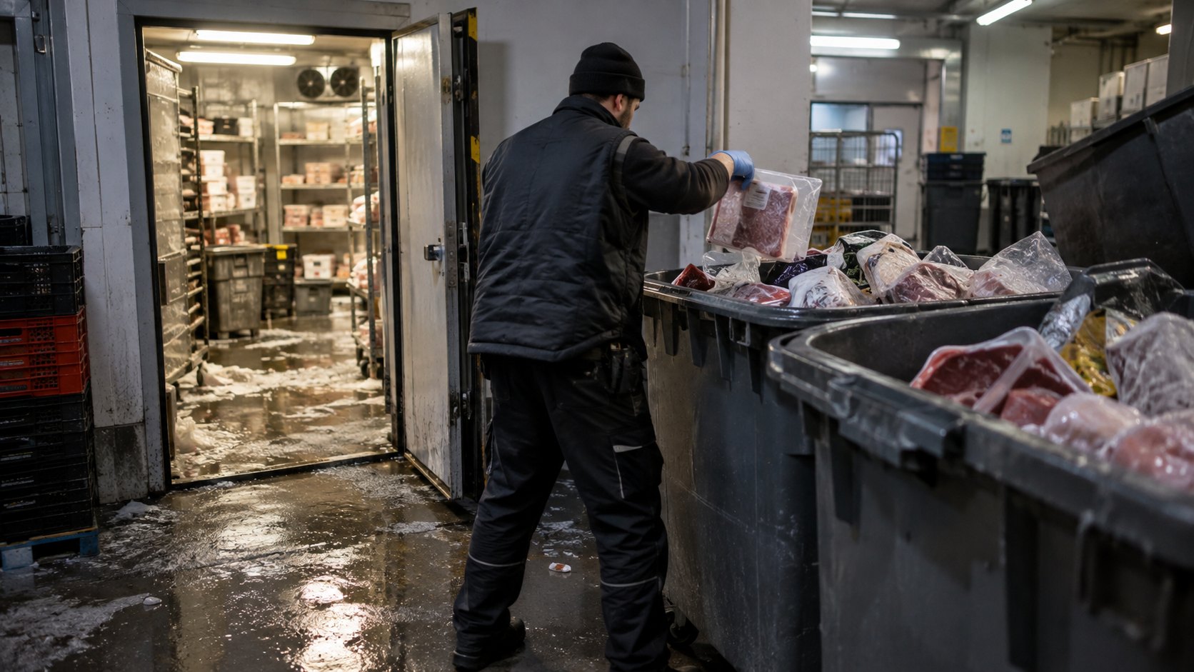 Ilustración editorial generada con IA: un empleado de supermercado con guantes retira bandejas de carne y bolsas de congelados de una cámara frigorífica y las deposita en contenedores de residuos; composición conceptual, no es una fotografía del hecho.