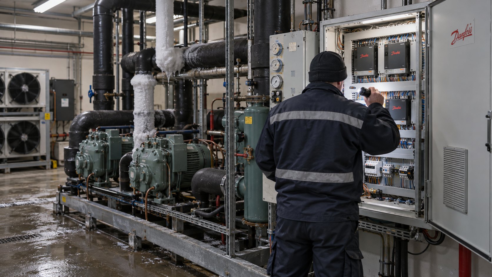 Ilustración editorial generada con IA: un técnico de mantenimiento de espaldas inspecciona un tablero eléctrico con controladores de refrigeración Danfoss junto a compresores y cañerías en la sala de máquinas de un supermercado; composición conceptual, no es una fotografía de un sistema afectado.