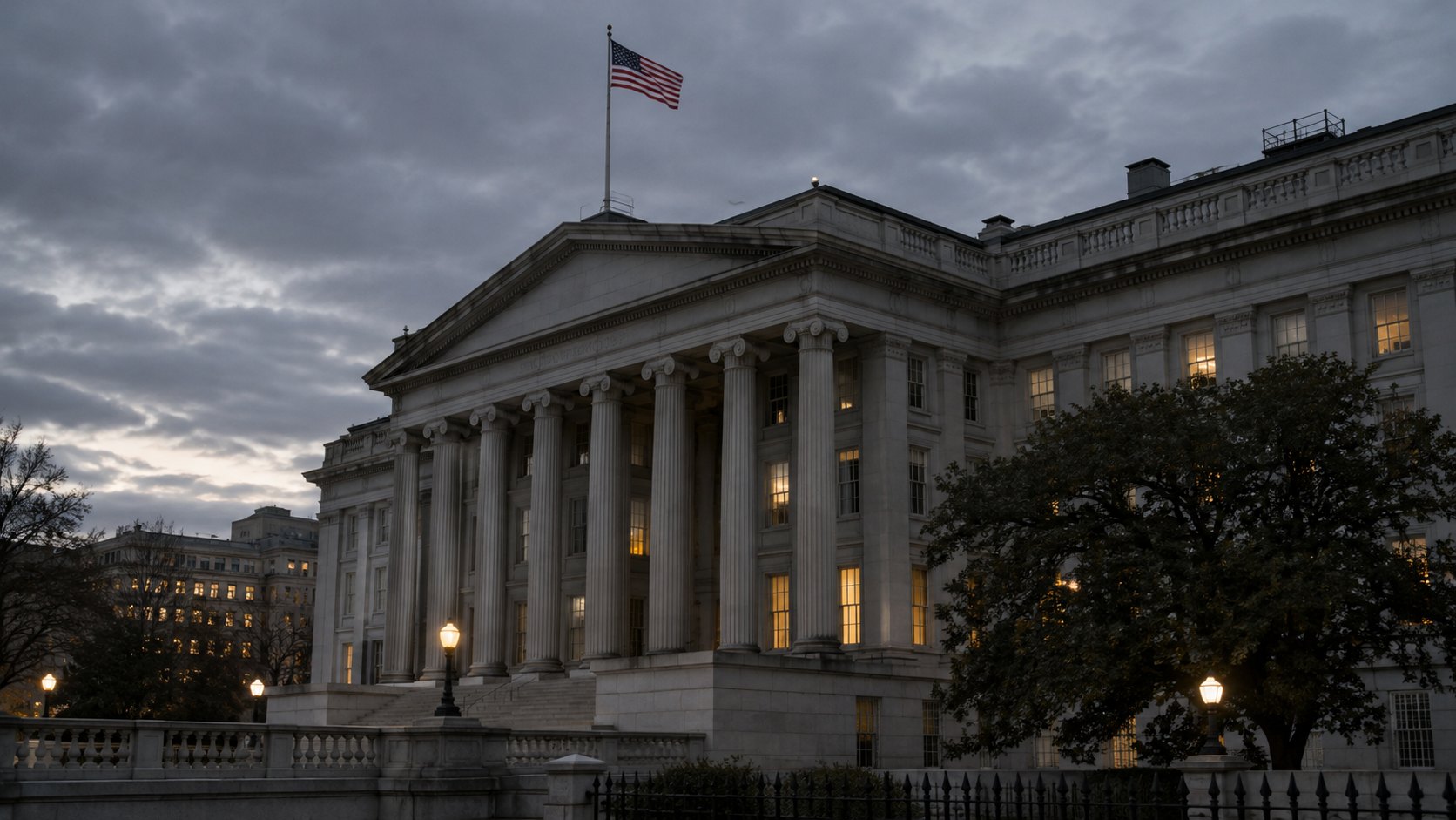 Ilustración editorial generada con IA: la fachada neoclásica del edificio del Departamento del Tesoro de Estados Unidos en Washington al atardecer, bajo un cielo nublado y con la bandera estadounidense; composición conceptual, no es una fotografía de la jornada.