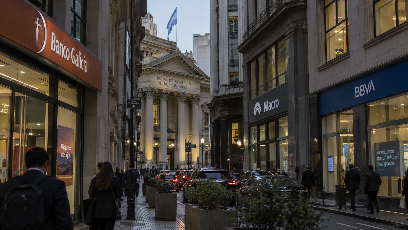 Ilustración editorial generada con IA: una calle del microcentro porteño con sucursales de Banco Galicia, Banco Macro y BBVA y, al fondo, la fachada de la Bolsa de Comercio de Buenos Aires con la bandera argentina, al caer la tarde; composición conceptual, no es una fotografía de la jornada.
