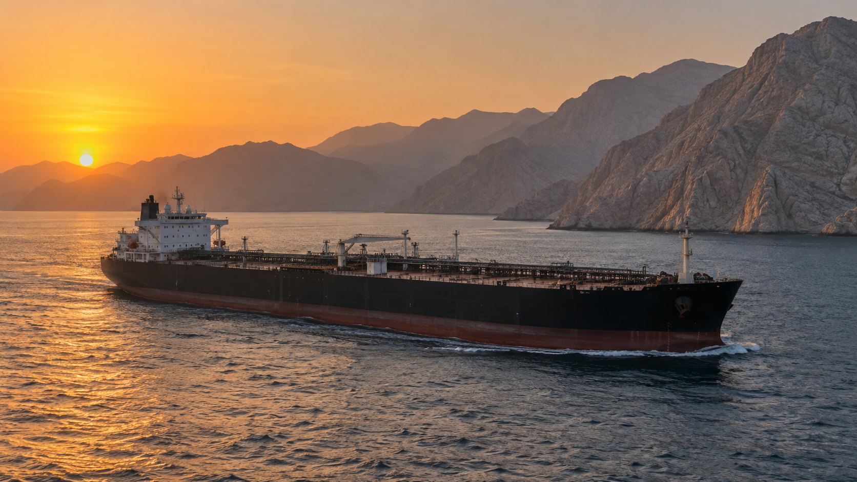 Ilustración editorial generada con IA: un superpetrolero navega por el estrecho de Ormuz al atardecer, con las montañas de la península de Musandam al fondo; composición conceptual, no es una fotografía de la jornada.