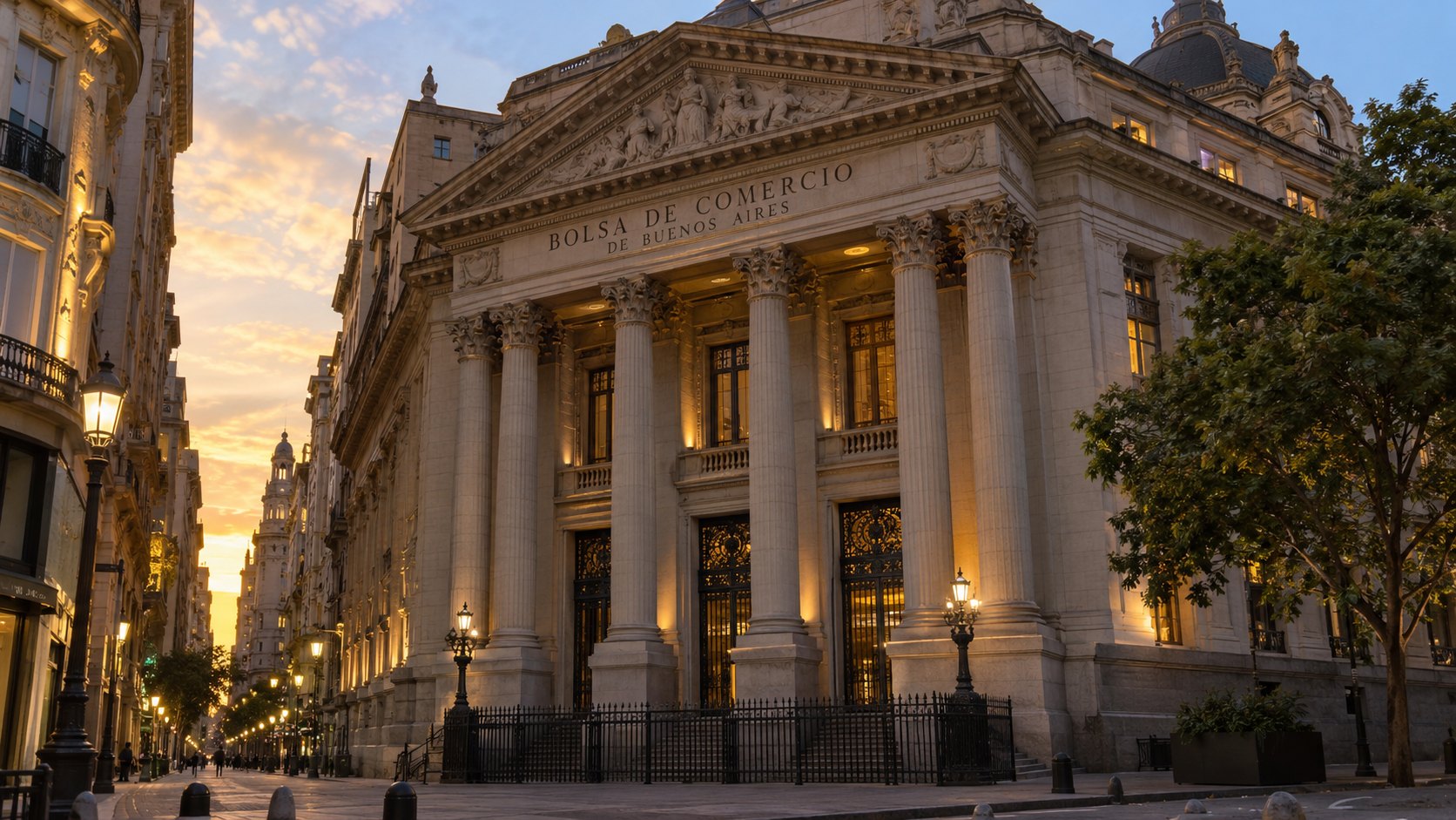 Ilustración editorial generada con IA: la fachada de la Bolsa de Comercio de Buenos Aires, en el microcentro porteño, iluminada al caer la tarde; composición conceptual, no es una fotografía de la jornada.