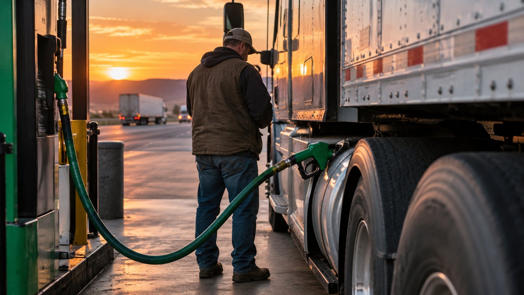 Ilustración editorial generada con IA: un camionero de espaldas carga diésel en el tanque de un camión con semirremolque en una estación de servicio de una ruta de Estados Unidos, al atardecer; composición conceptual, no es una fotografía de la jornada.