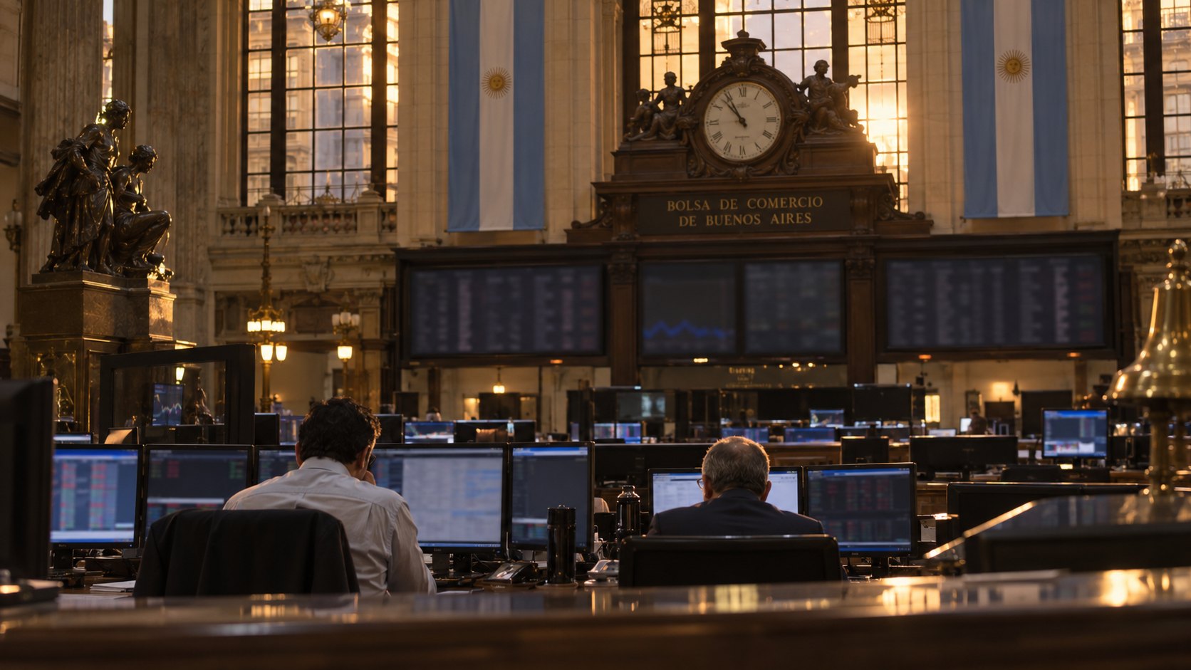 Ilustración editorial generada con IA: el recinto de operaciones de la Bolsa de Comercio de Buenos Aires con pantallas de cotizaciones y operadores de espaldas; composición conceptual, no es una fotografía de la jornada.