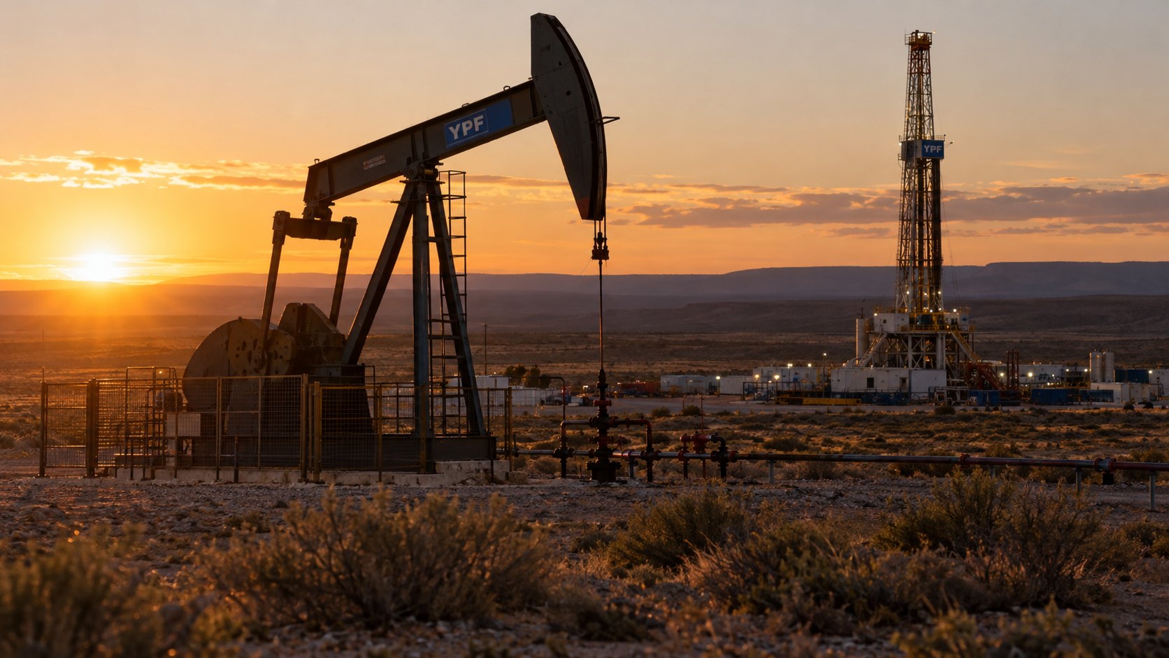 Ilustración editorial generada con IA: un equipo de bombeo y una torre de perforación con el logo de YPF en Vaca Muerta, Neuquén, al atardecer sobre la estepa patagónica; composición conceptual, no es una fotografía de un yacimiento real.