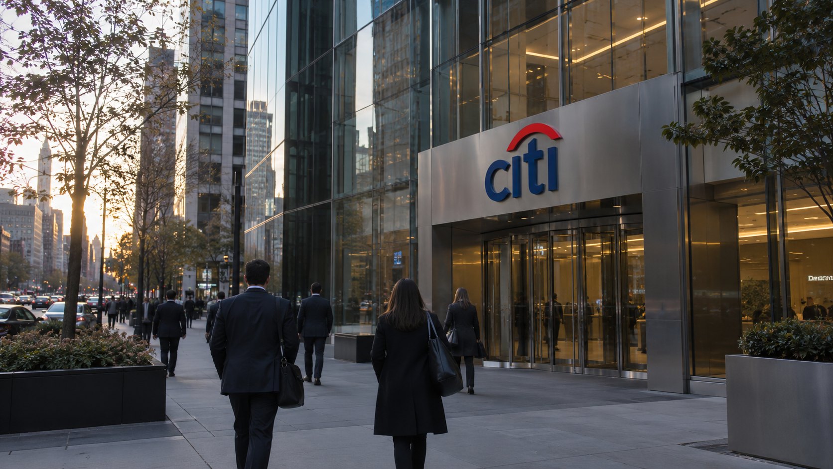 Ilustración editorial generada con IA: la entrada de la sede de Citigroup en Nueva York con el logo de Citi en la fachada y ejecutivos caminando por la vereda al atardecer; composición conceptual, no es una fotografía de la jornada.
