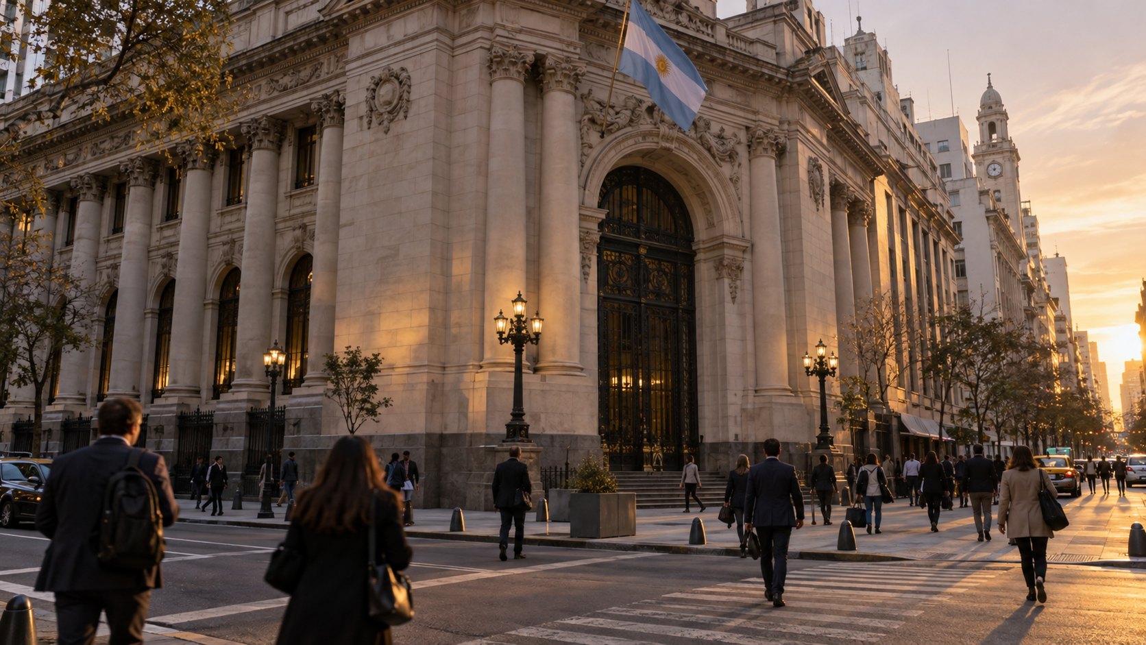 Ilustración editorial generada con IA: el edificio de la Bolsa de Comercio de Buenos Aires en el microcentro porteño al atardecer, con una bandera argentina en el frente y oficinistas cruzando la calle; composición conceptual, no es una fotografía de la jornada.
