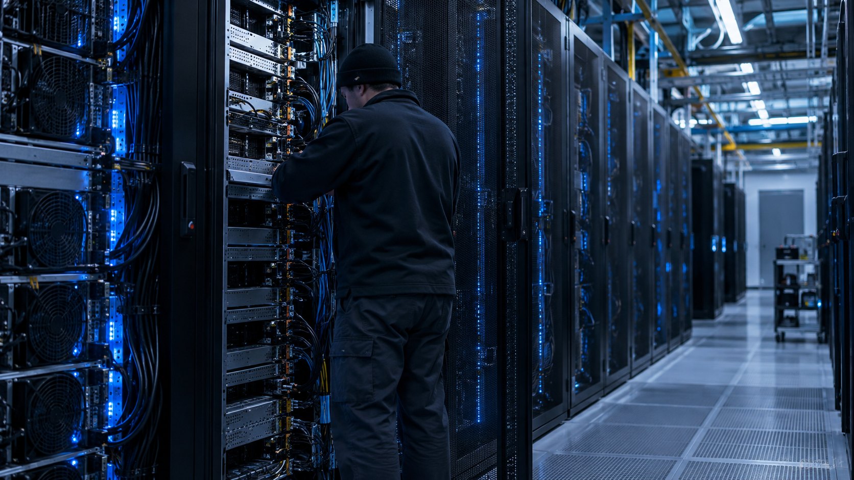 Ilustración editorial generada con IA: un técnico revisa un gabinete de servidores con GPU en el pasillo frío de un centro de datos de inteligencia artificial; composición conceptual, no es una instalación identificada de CoreWeave, Dell ni Nvidia.