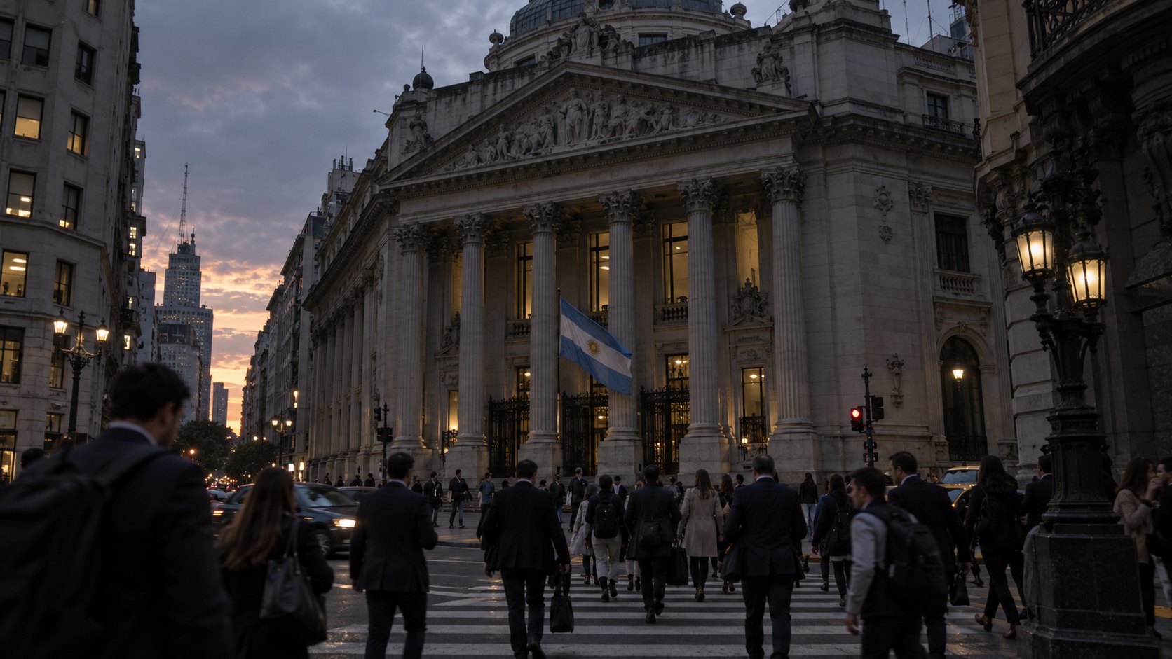 Ilustración editorial generada con IA: el edificio de la Bolsa de Comercio de Buenos Aires en el microcentro porteño al atardecer, con una bandera argentina en el frente y peatones cruzando la calle; composición conceptual, no es una fotografía de la jornada.