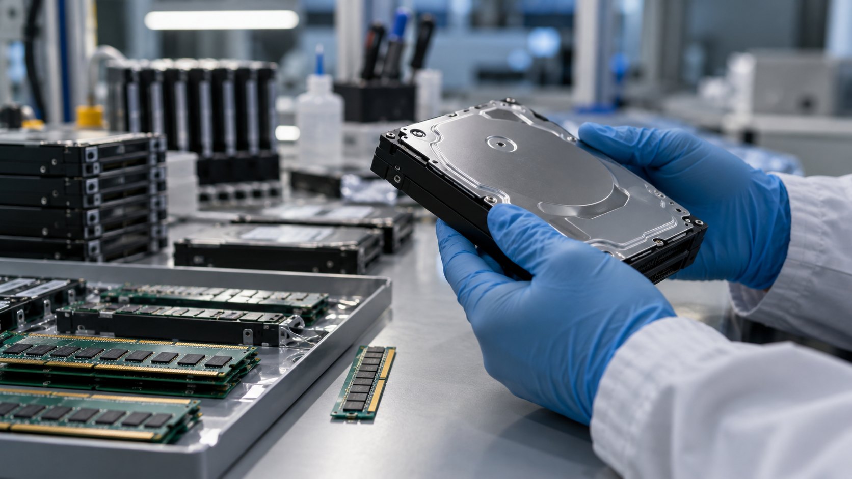 Ilustración editorial generada con IA: un técnico con guantes azules sostiene un disco rígido sobre una mesa de laboratorio con módulos de memoria RAM; composición conceptual, no es una instalación identificada de Seagate, Western Digital ni SK Hynix.