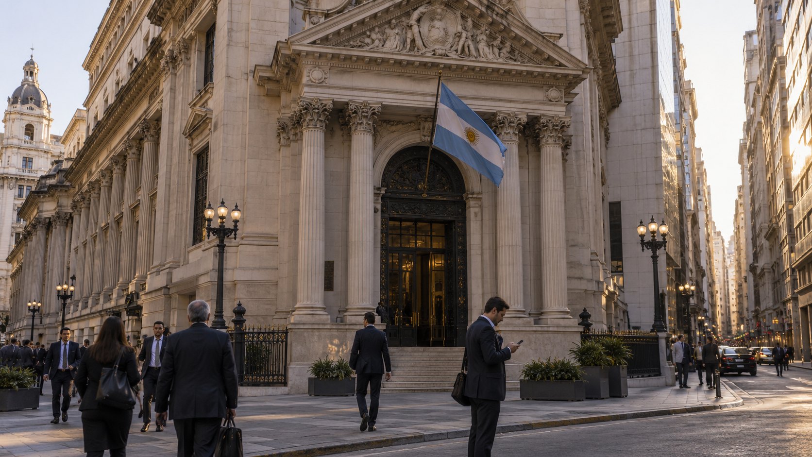 Ilustración editorial generada con IA: la fachada de la Bolsa de Comercio de Buenos Aires en el microcentro porteño a la tarde, con una bandera argentina, peatones de traje y un hombre mirando el celular en la vereda; composición conceptual, no es una fotografía de la jornada.