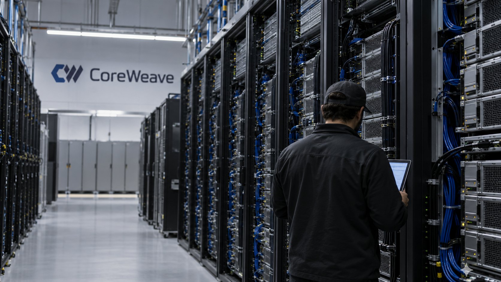 Ilustración editorial generada con IA: un técnico de espaldas revisa con una tablet un rack de servidores en el pasillo de un centro de datos con el nombre CoreWeave en la pared del fondo; composición conceptual, no es una fotografía de una instalación real de la compañía.