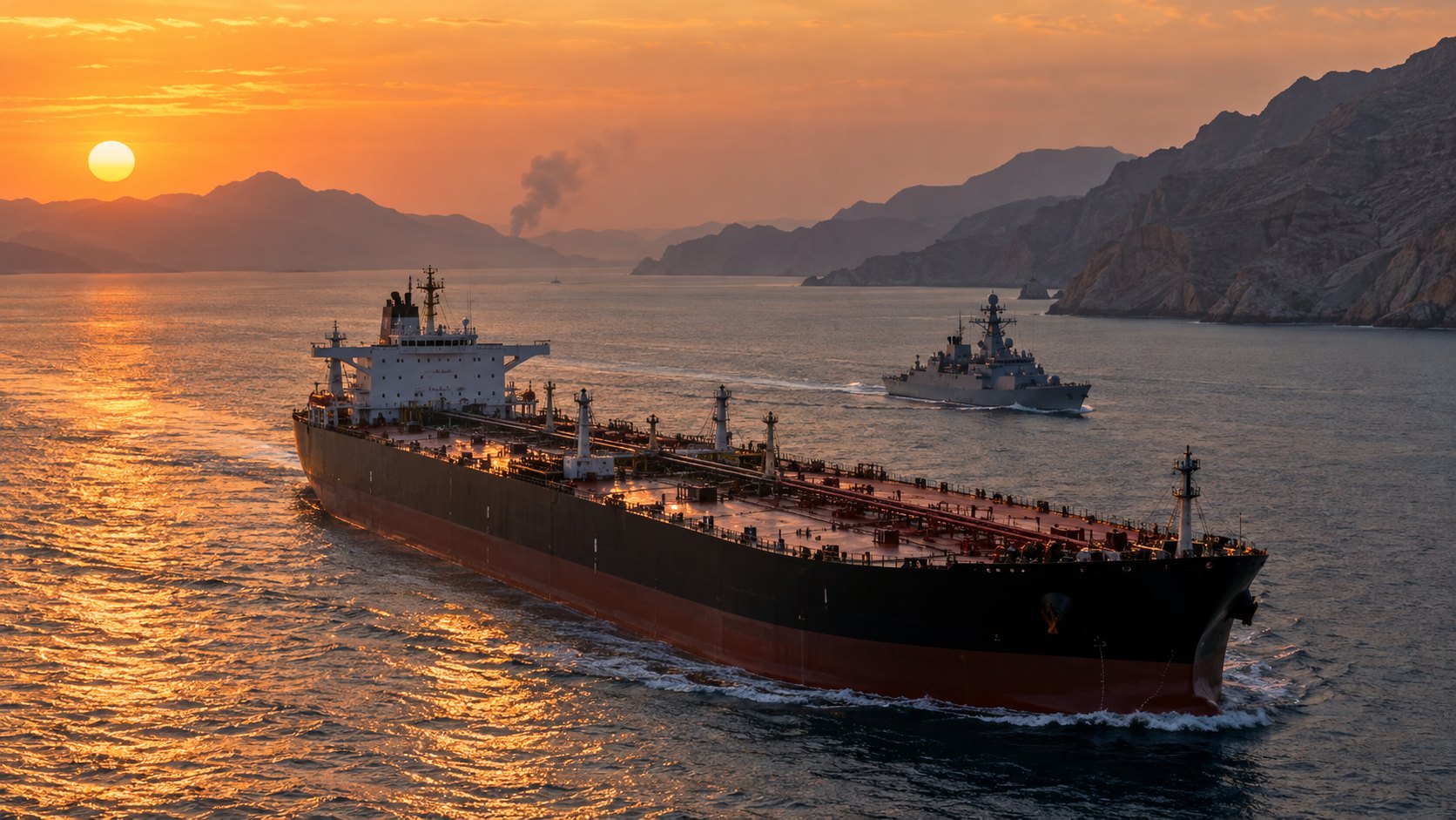 Ilustración editorial generada con IA: un buque petrolero cargado navega al atardecer por el estrecho de Ormuz, seguido a distancia por un buque de guerra, con costas montañosas y una columna de humo en el horizonte; composición conceptual, no es una fotografía de un hecho real.