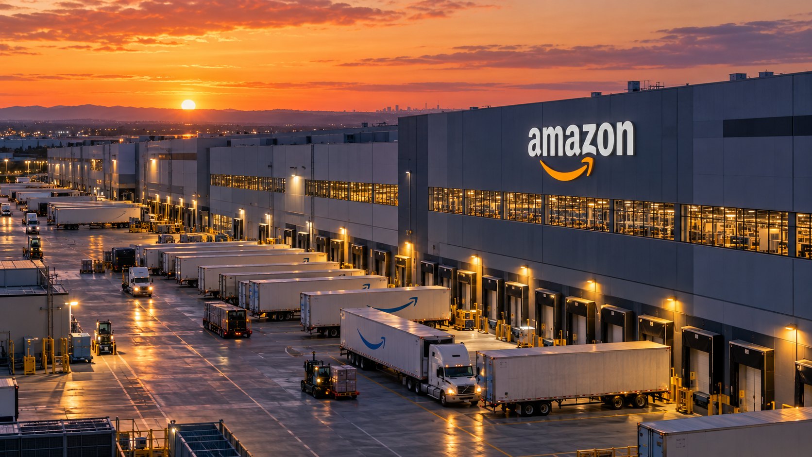 Ilustración editorial generada con IA: un gran centro logístico de Amazon al atardecer, con la marca en la fachada y decenas de camiones con remolques en los andenes de carga; composición conceptual, no es una fotografía de una instalación identificada de la compañía.