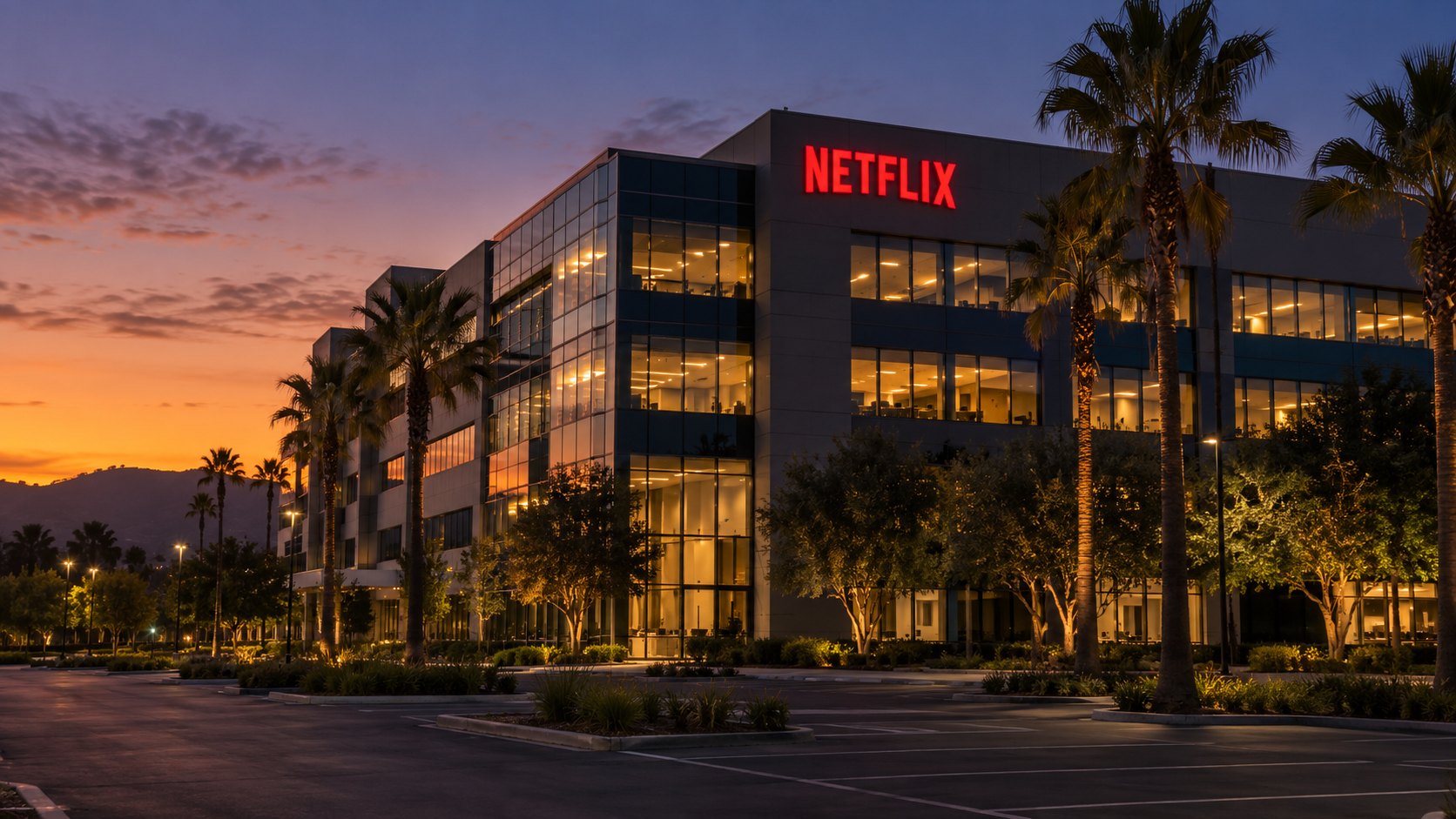 Ilustración editorial generada con IA: un edificio corporativo con el logotipo rojo de Netflix al anochecer, rodeado de palmeras y con las ventanas encendidas; composición conceptual, no es una fotografía de la sede real de la compañía.