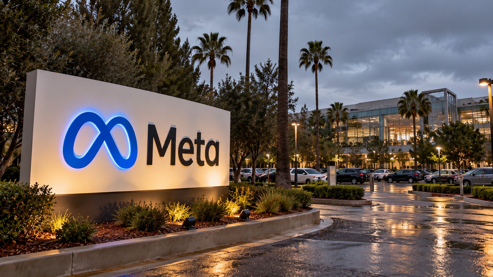 Ilustración editorial generada con IA: el cartel con el logotipo de Meta a la entrada de su sede de Menlo Park, California, en un atardecer nublado con palmeras y un estacionamiento; composición conceptual, no es una fotografía de la jornada real.
