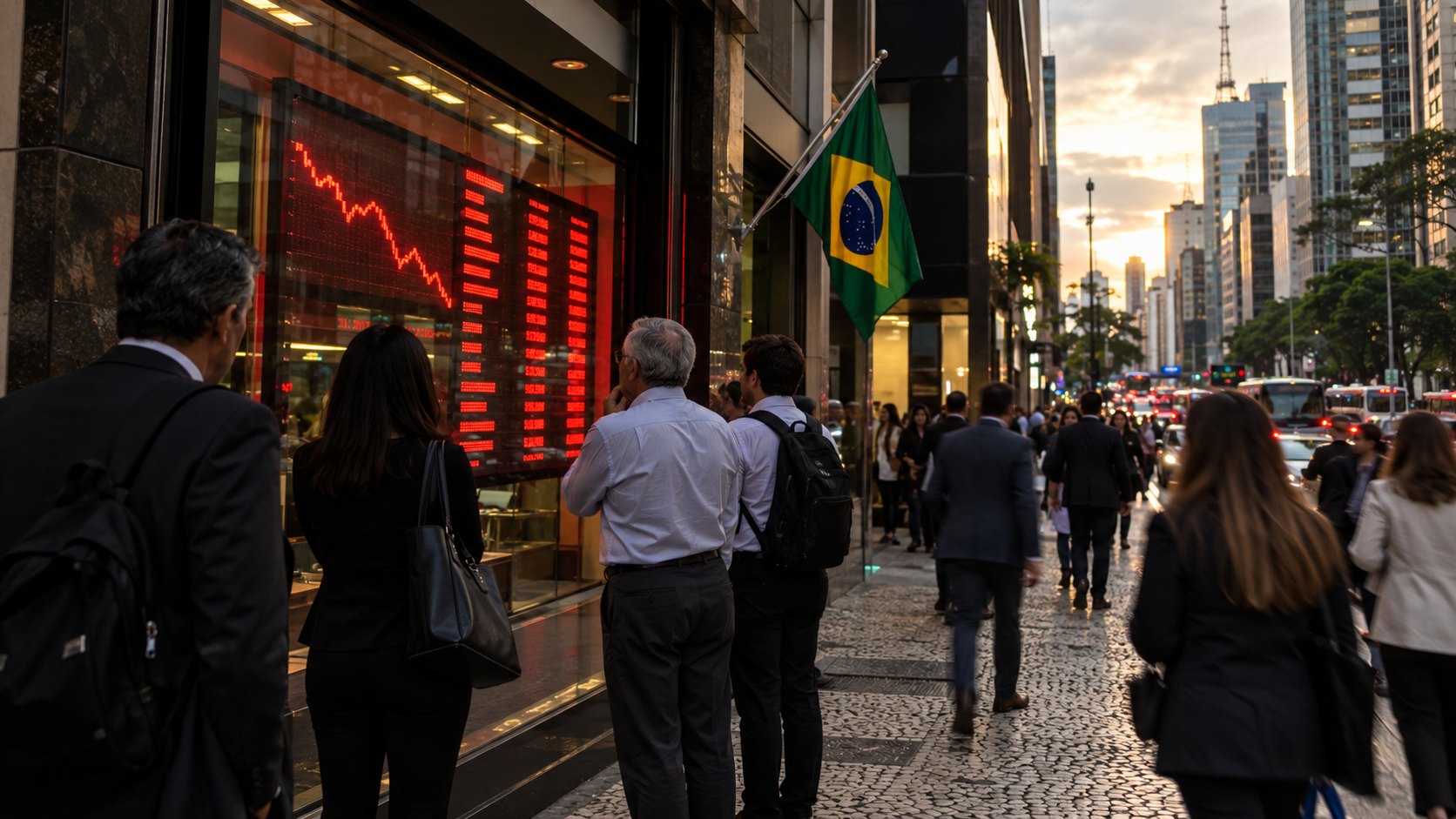 Ilustración editorial generada con IA: peatones frente a la vidriera de una casa de cambio en la Avenida Paulista de São Paulo al atardecer, con un tablero de cotizaciones en rojo y una bandera de Brasil; composición conceptual, no es una fotografía de la jornada del 26 de octubre.