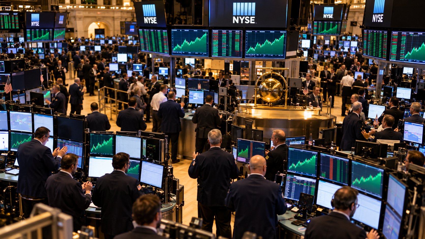 Ilustración editorial generada con IA: operadores en el piso de la Bolsa de Nueva York al cierre de la rueda, frente a monitores con cotizaciones en verde y el logo de NYSE; composición conceptual, no es una fotografía de la jornada del 26 de octubre.
