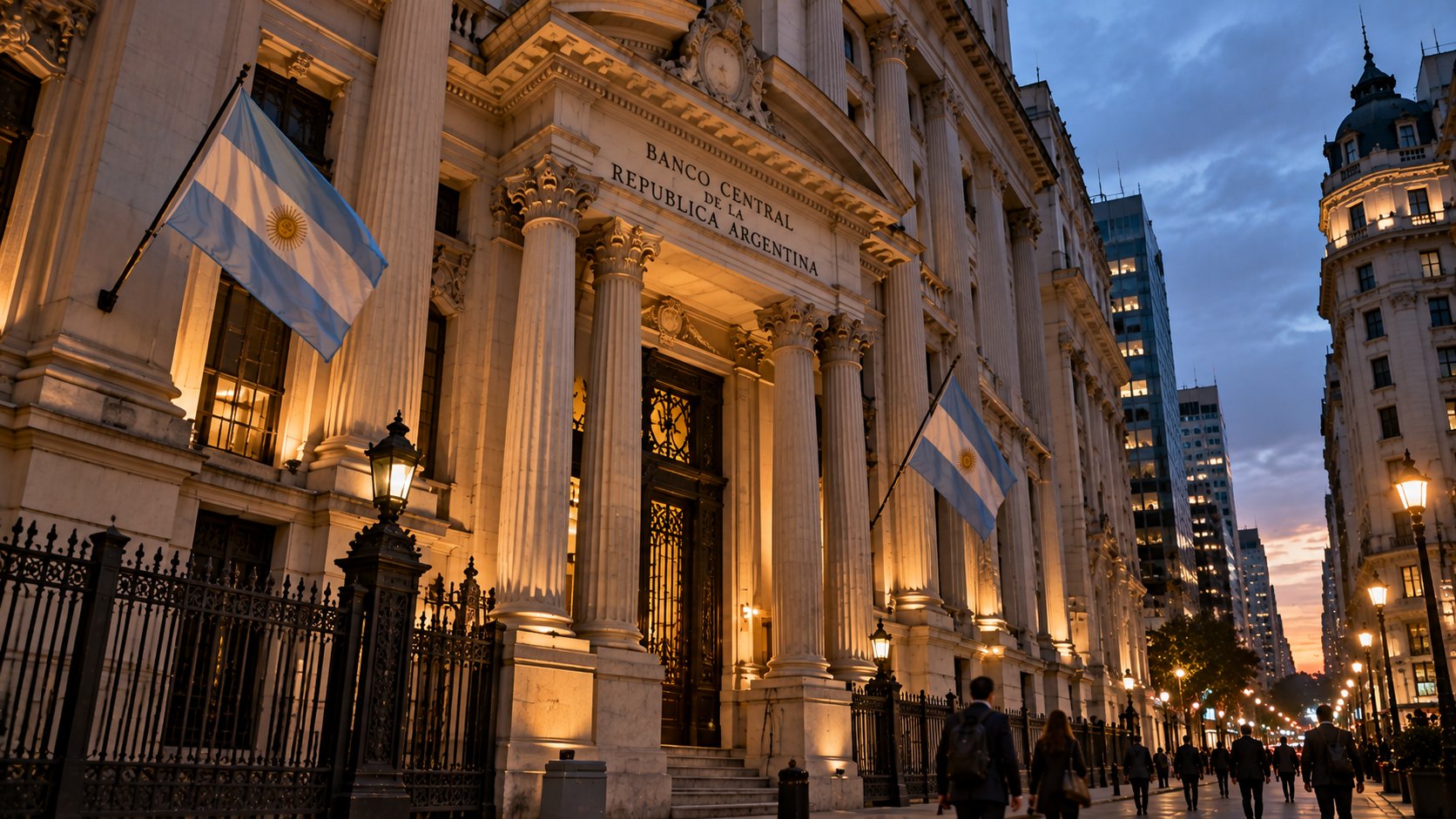 Ilustración editorial generada con IA: el edificio del Banco Central de la República Argentina en la calle Reconquista al atardecer, con una bandera argentina y peatones a lo lejos; composición conceptual, no es una fotografía de la jornada del 28 de octubre.