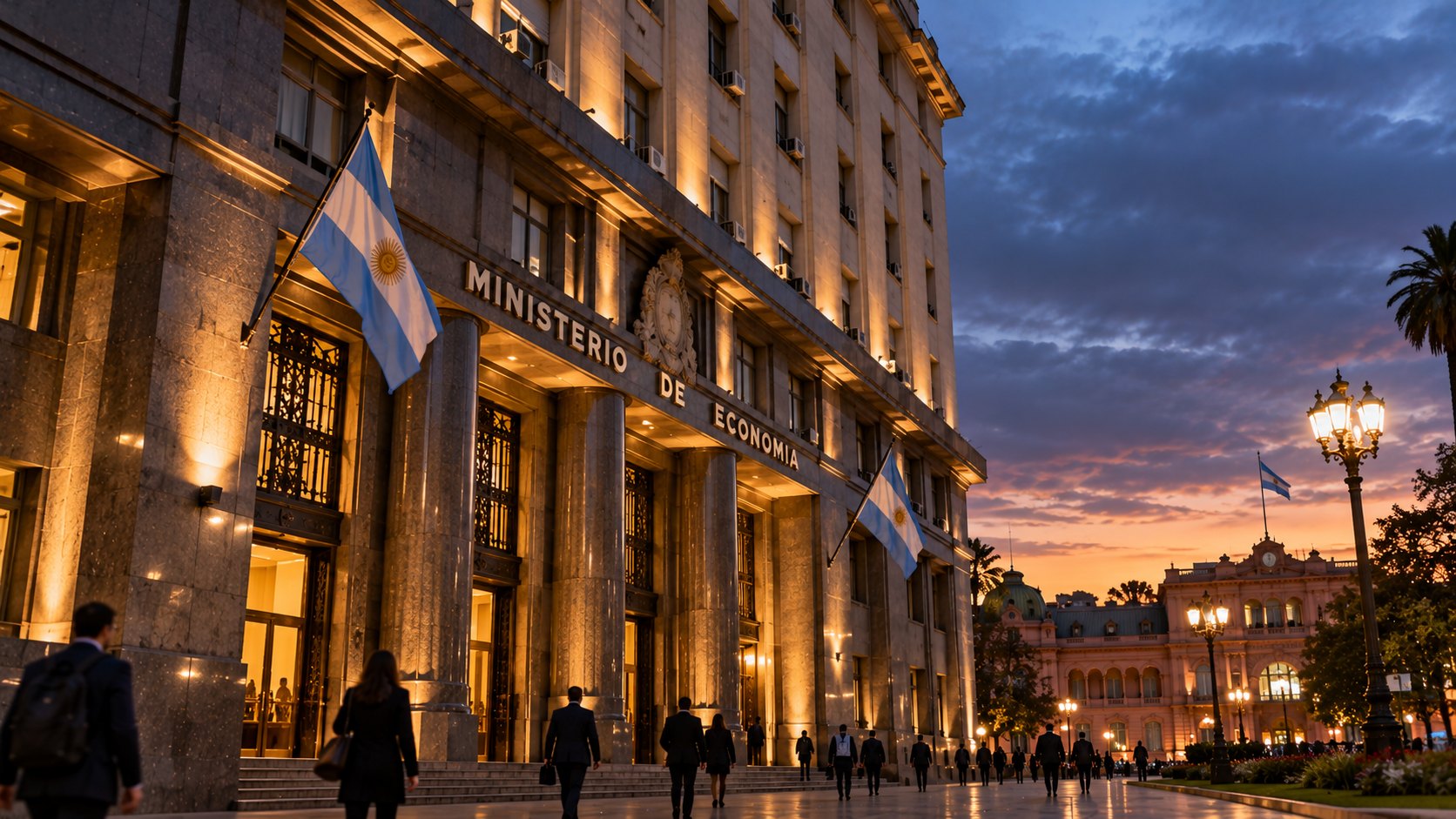 Ilustración editorial generada con IA: el Palacio de Hacienda, sede del Ministerio de Economía, frente a Plaza de Mayo al anochecer, con una bandera argentina; composición conceptual, no es una fotografía de la jornada del 28 de octubre.