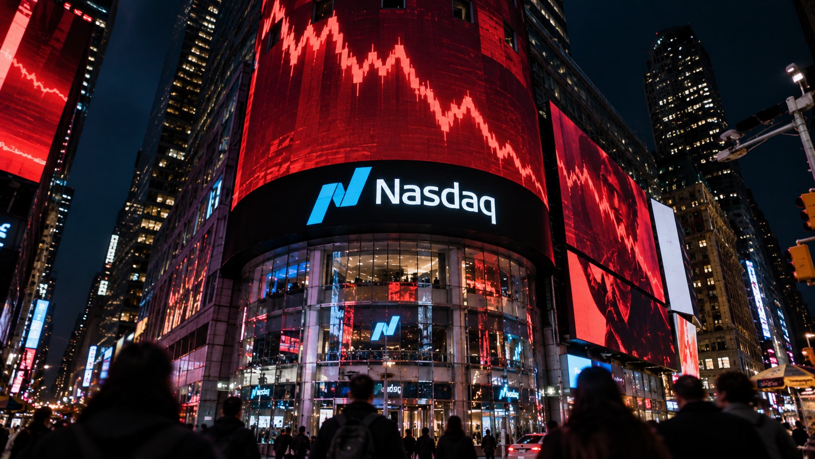 Ilustración editorial generada con IA: la fachada de vidrio del MarketSite del Nasdaq en Times Square, Nueva York, de noche, con pantallas en rojo; composición conceptual, no es una fotografía de la jornada del 29 de octubre.