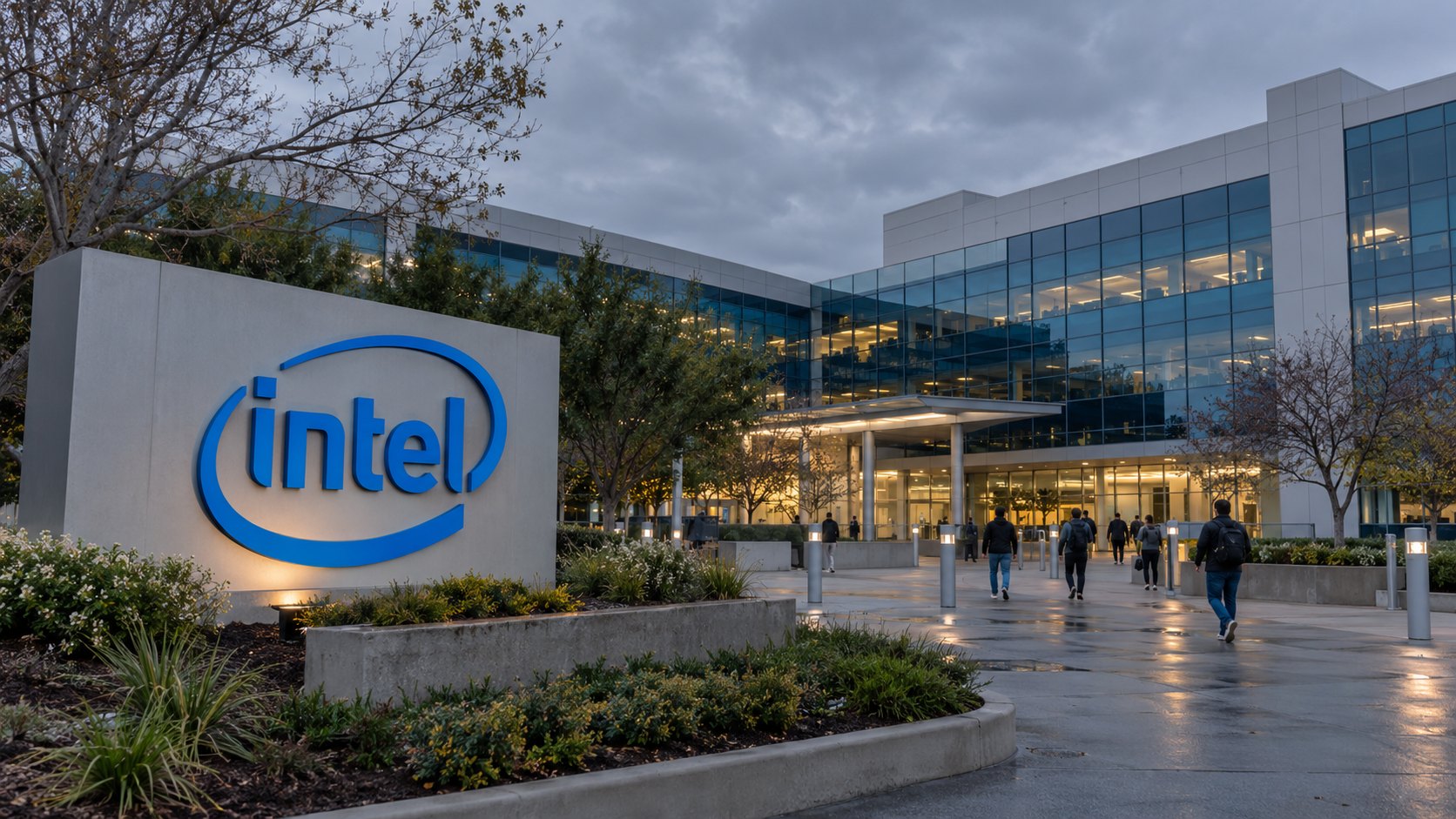 Ilustración editorial generada con IA: la entrada de la sede de Intel en Santa Clara, California, con el cartel de la empresa bajo un cielo nublado de tarde y empleados caminando; composición conceptual, no es una fotografía de la jornada del 30 de octubre.